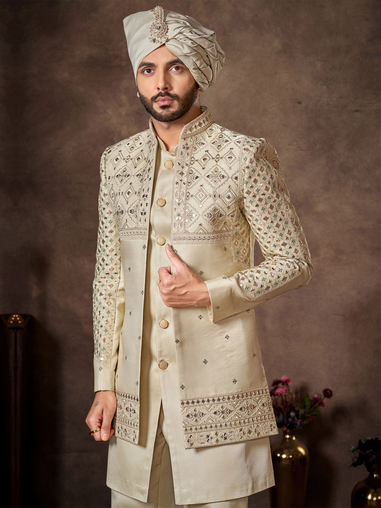 Ivory Cream Embroidered Wedding Indowestern