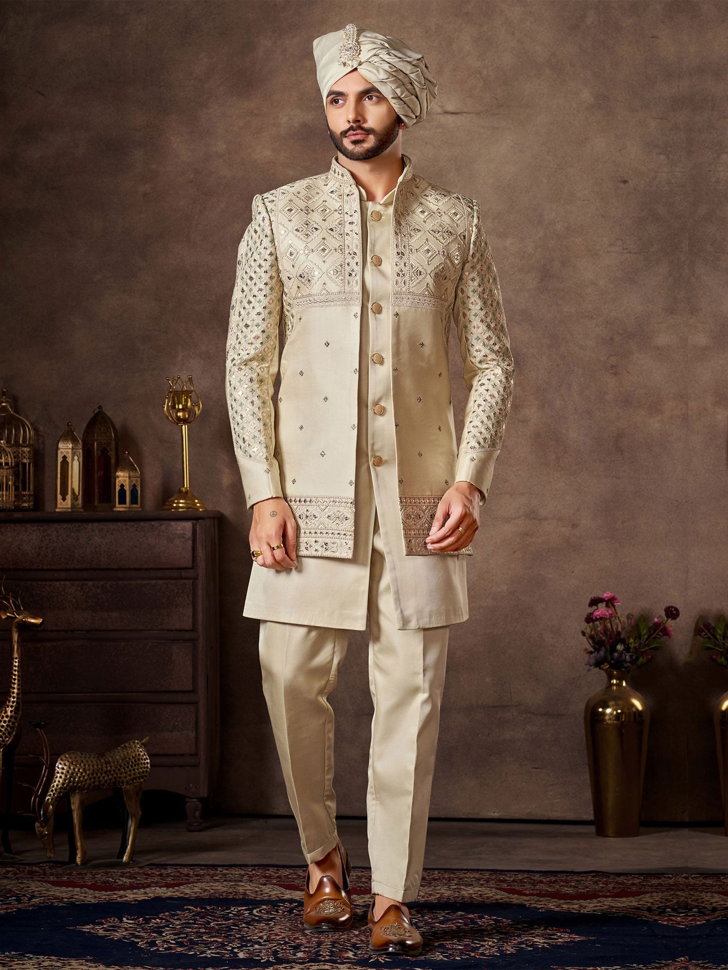 Ivory Cream Embroidered Wedding Indowestern