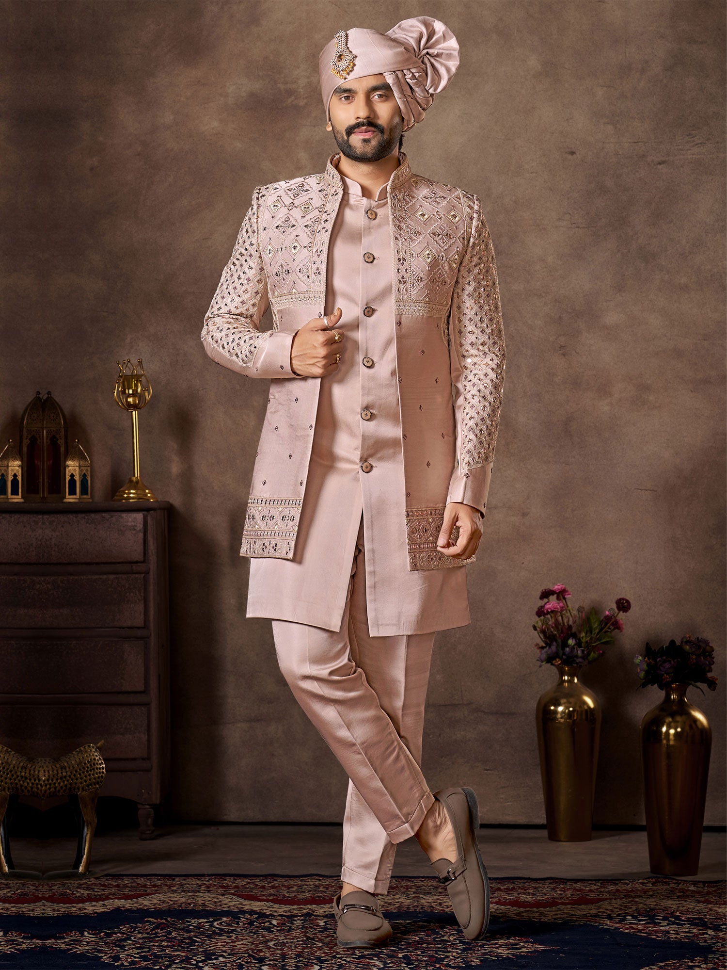 Pink Wedding Indo Western With Jacket In Silk