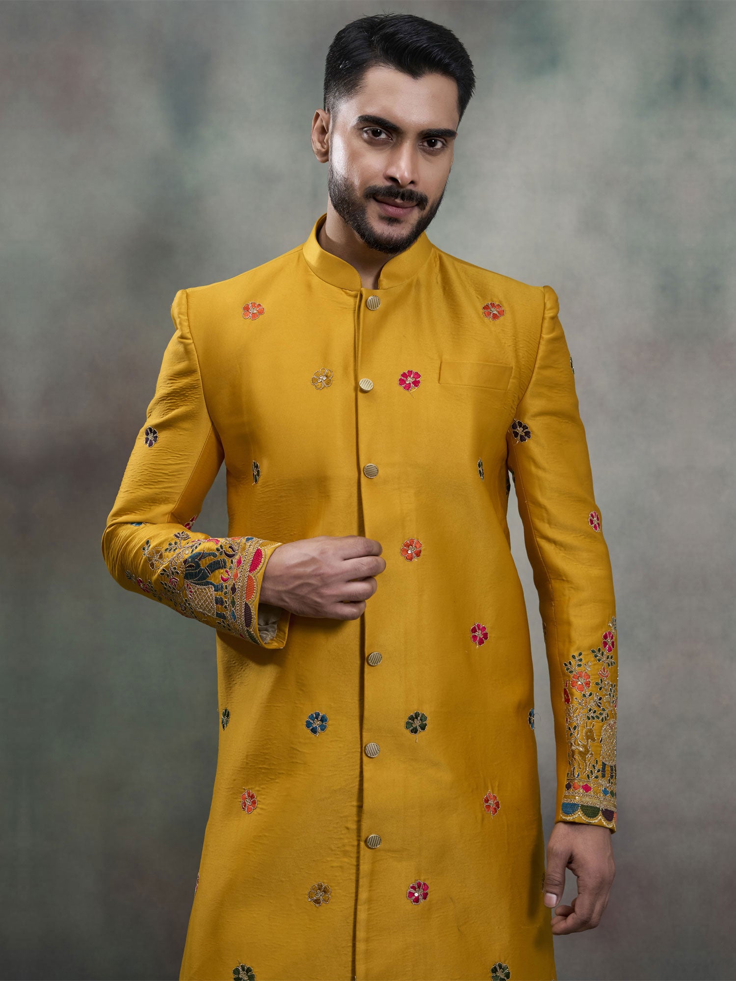 Yellow Thread Embellished Wedding Indo Western