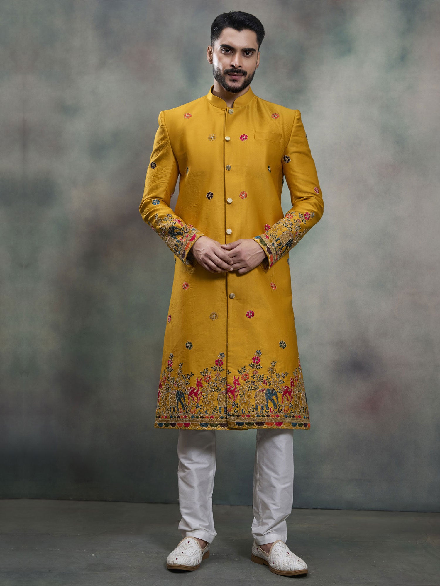 Yellow Thread Embellished Wedding Indo Western
