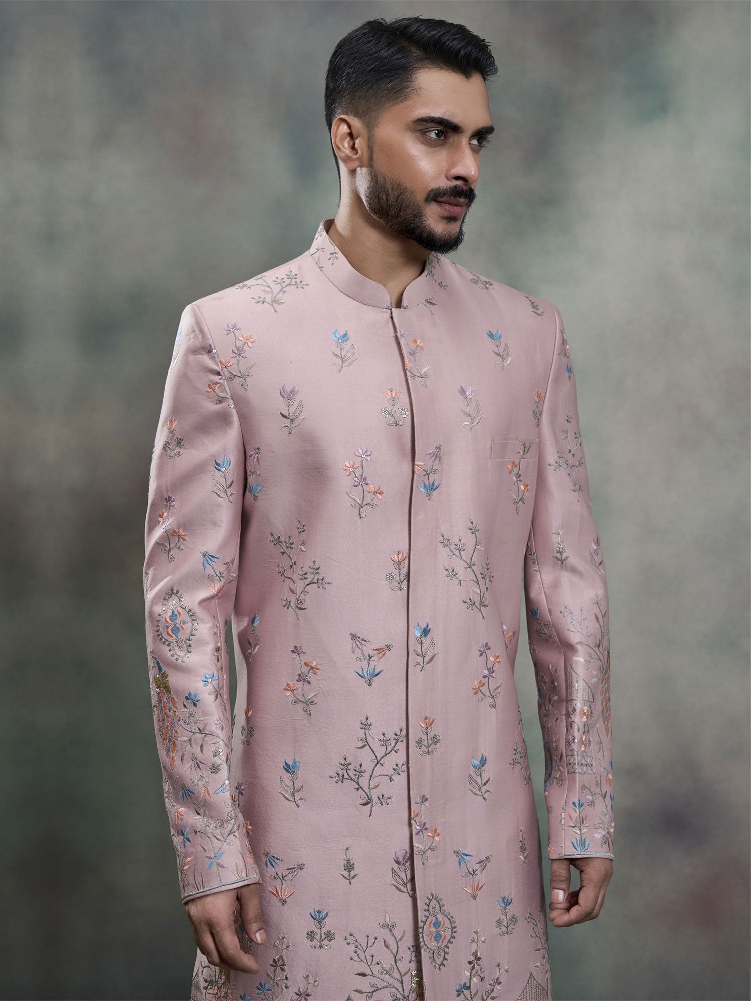 Pink Floral Thread Work Silk Indo Western