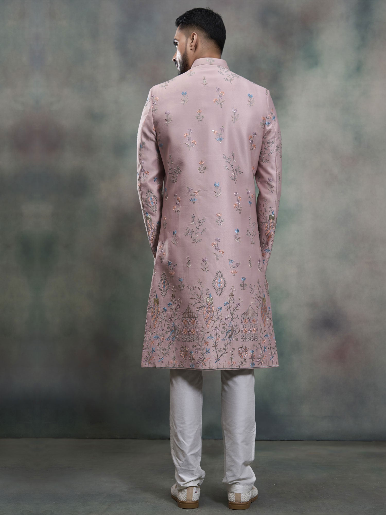 Pink Floral Thread Work Silk Indo Western