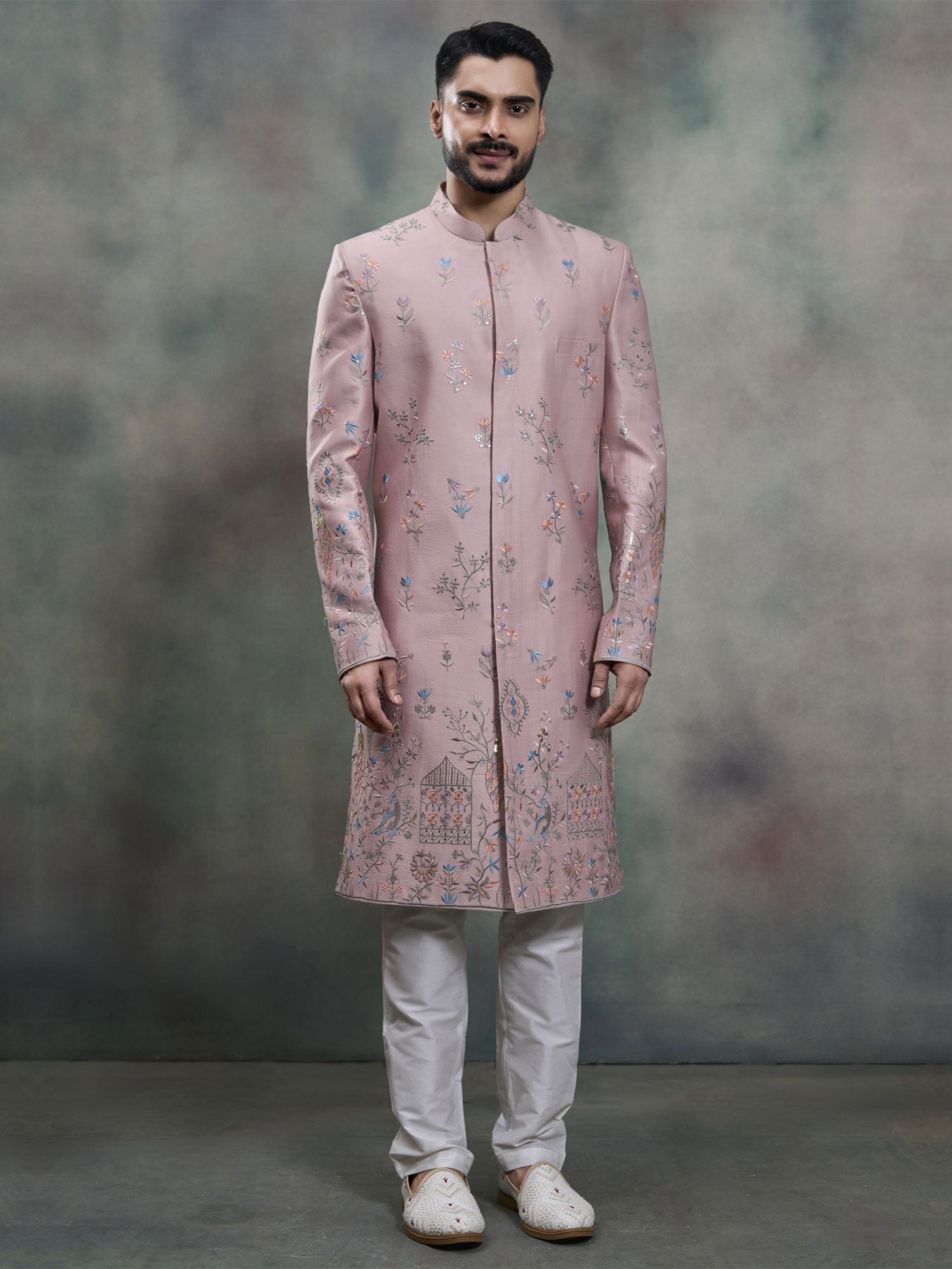 Pink Floral Thread Work Silk Indo Western