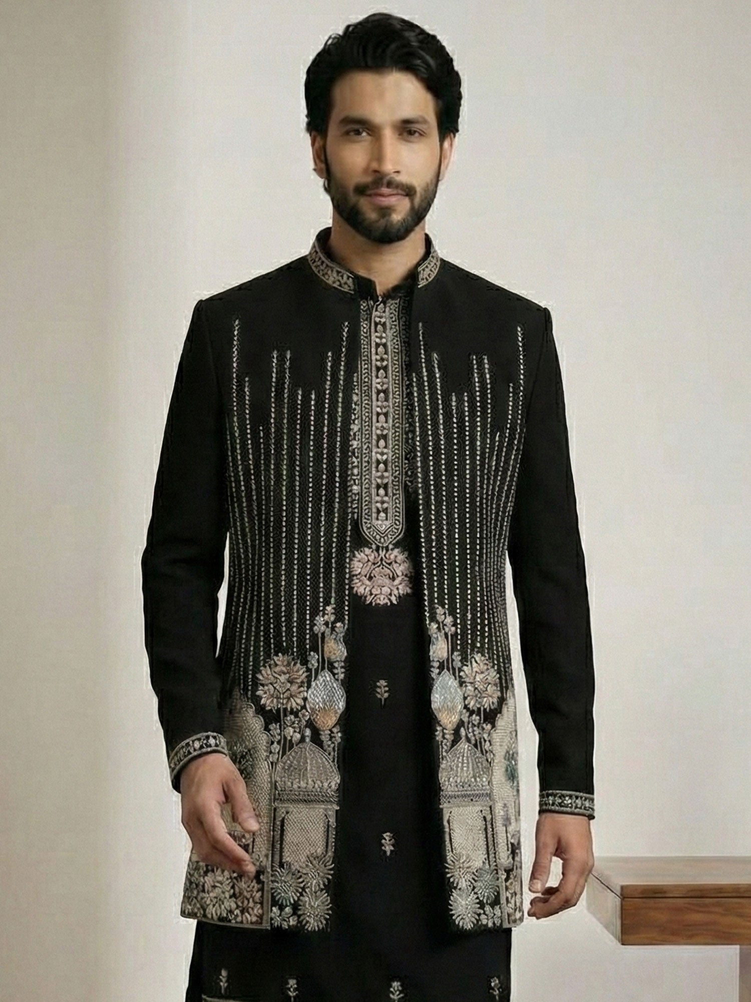 Black Embroidered Men's Indowestern In Jacket Style