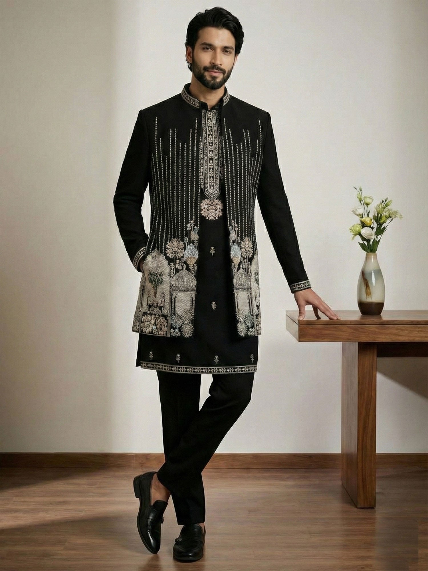 Black Embroidered Men's Indowestern In Jacket Style