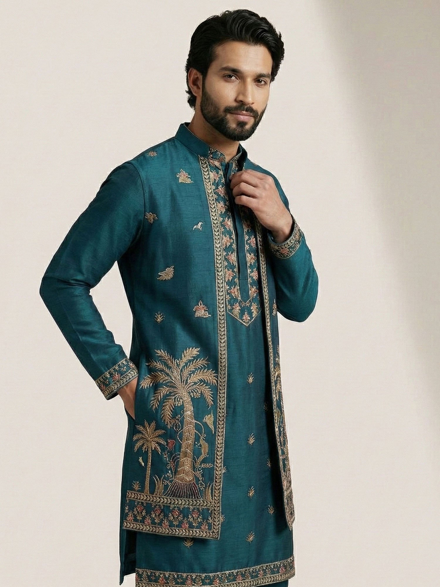 Teal Blue Men's Indowestern With Open Jacket