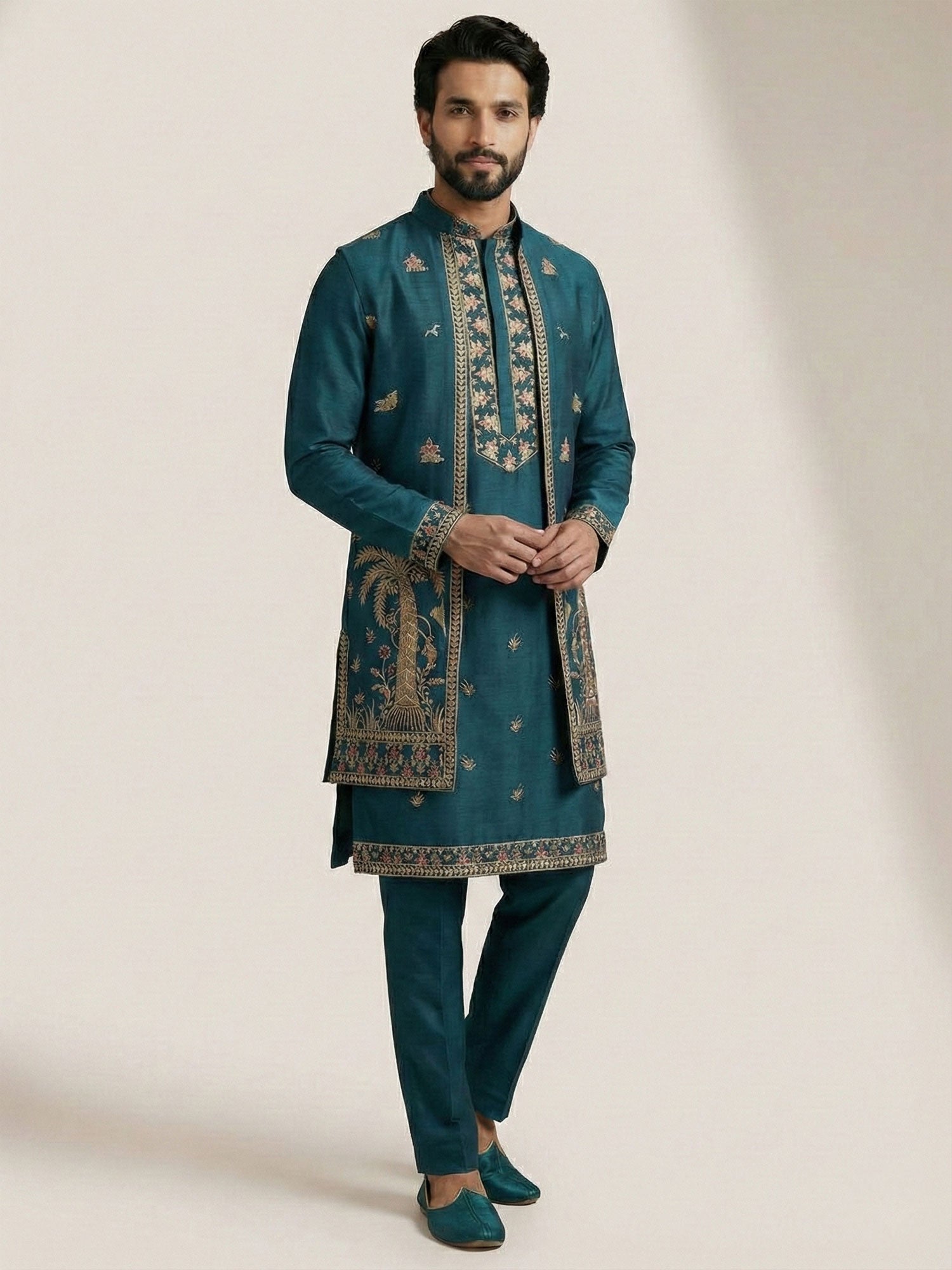 Teal Blue Men's Indowestern With Open Jacket