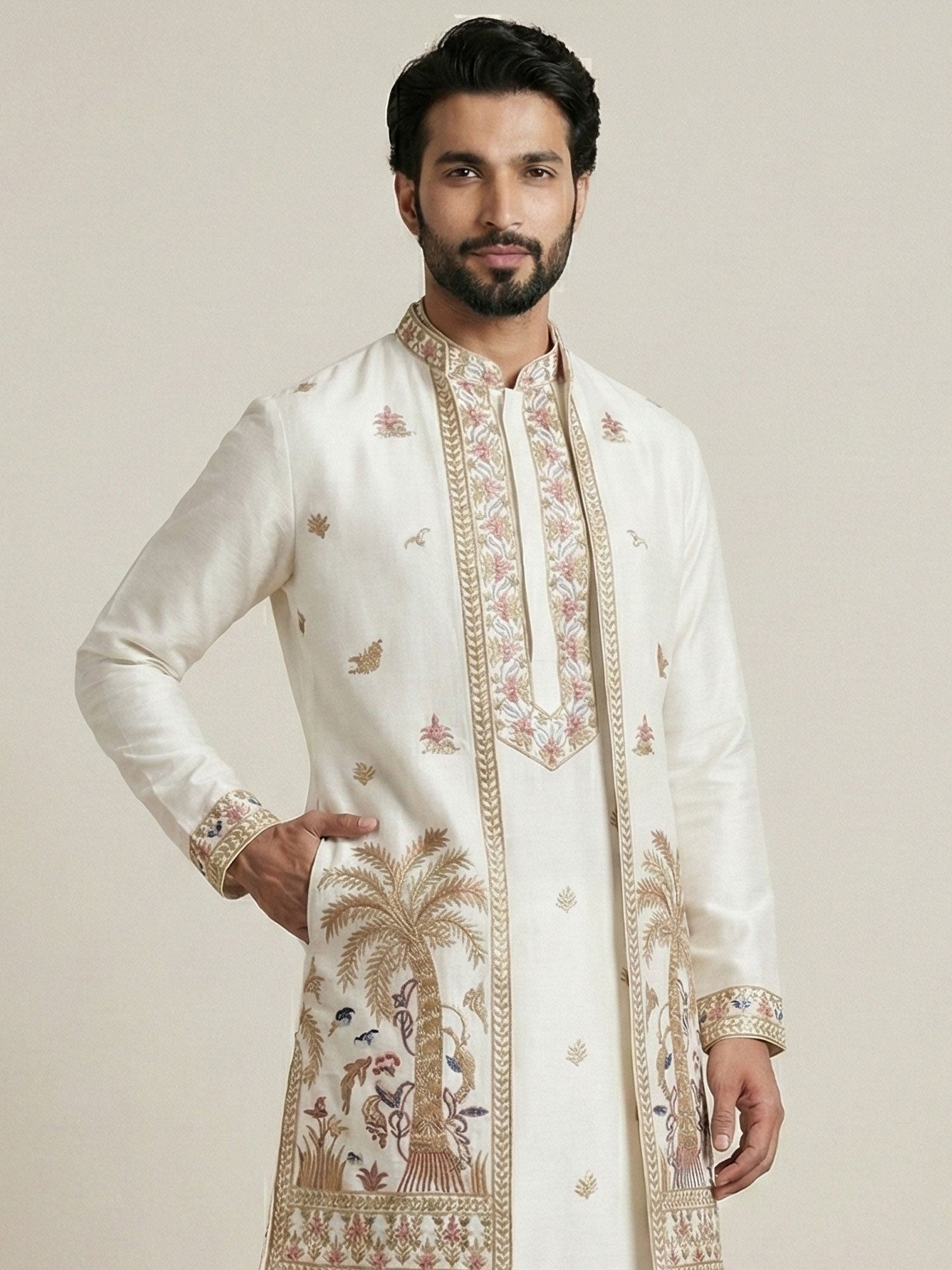 White Floral Thread Embroidered Indo Western