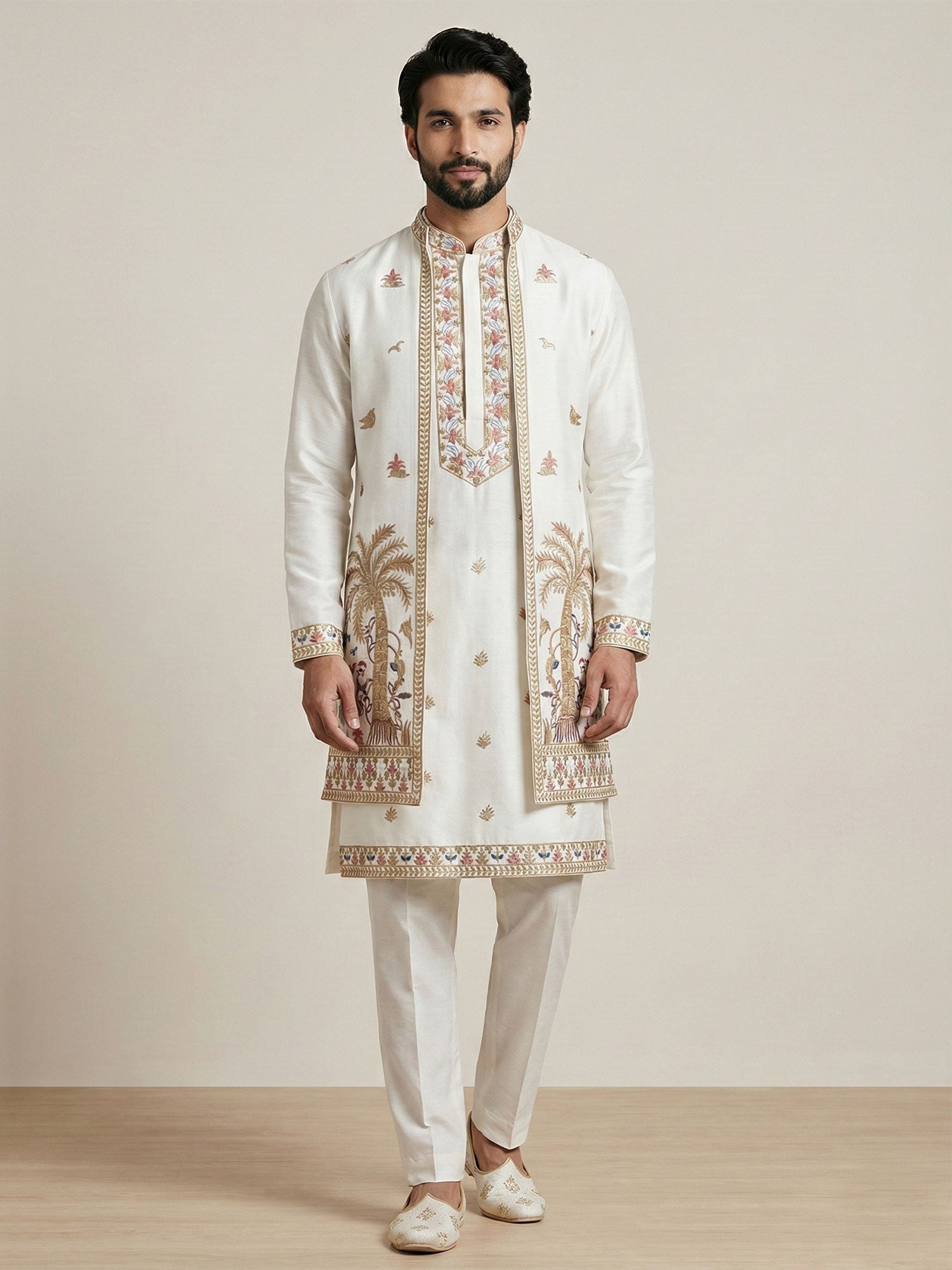White Floral Thread Embroidered Indo Western