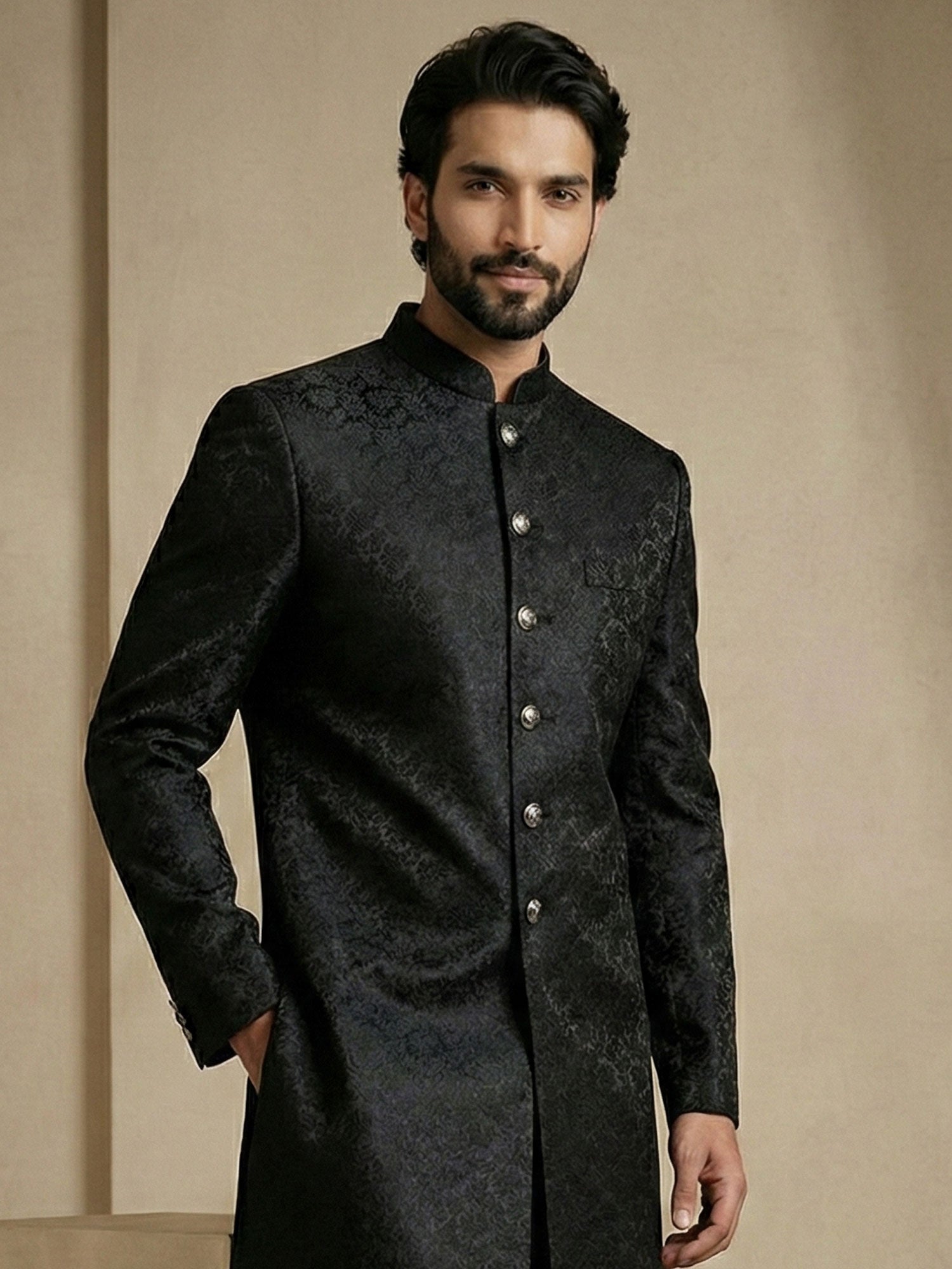 Black Men's Wear Embroidered Indo Western Set