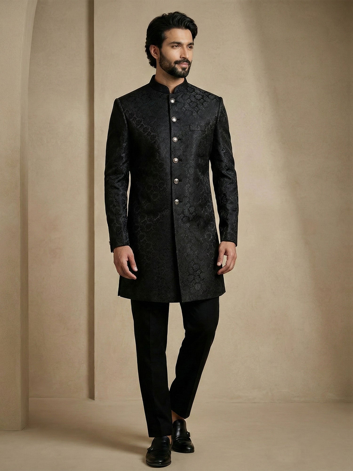 Black Men's Wear Embroidered Indo Western Set