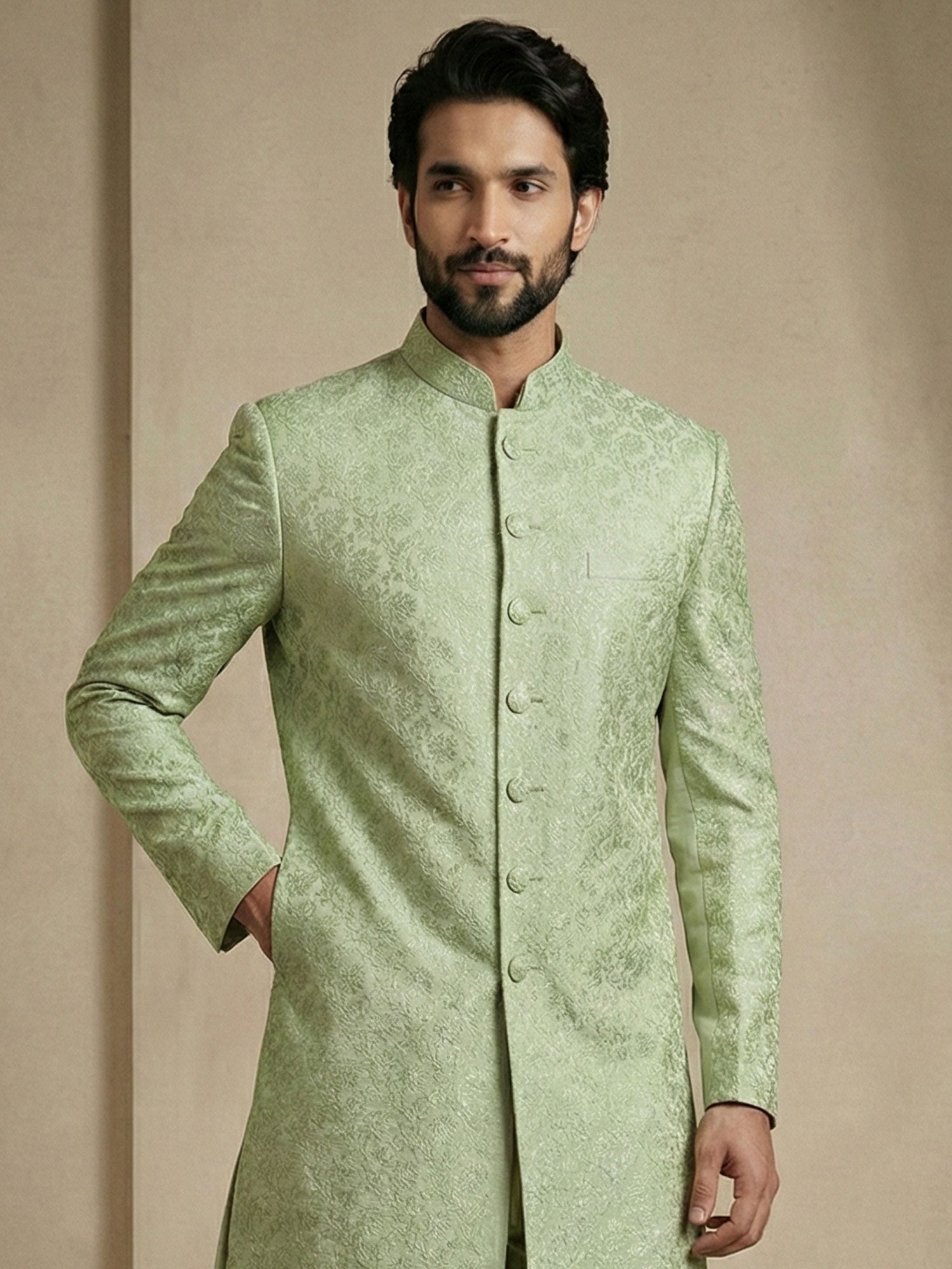 Pista Green Wedding Indowestern In Jacquard