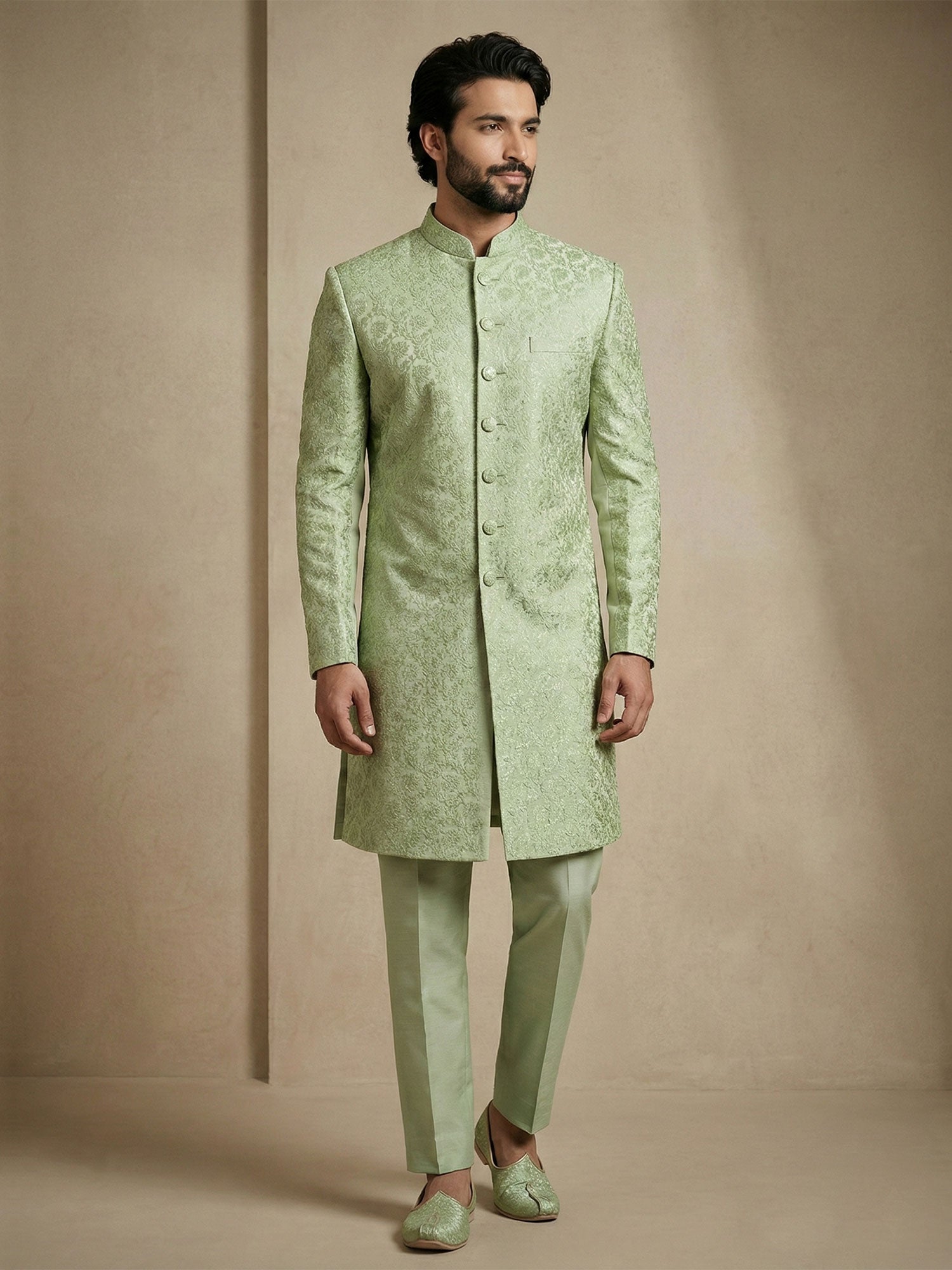Pista Green Wedding Indowestern In Jacquard