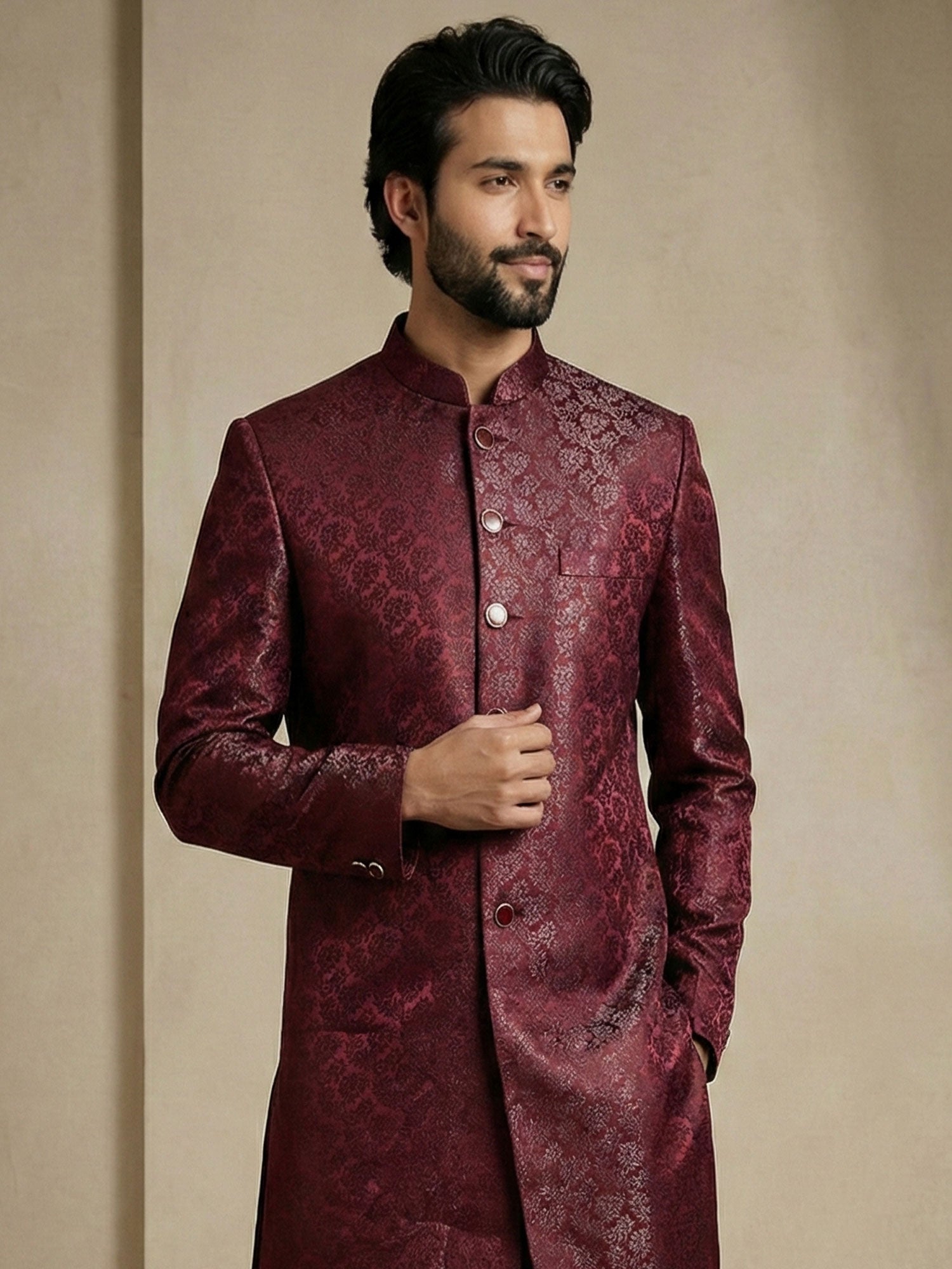 Maroon Floral Work Jacquard Indo Western Set