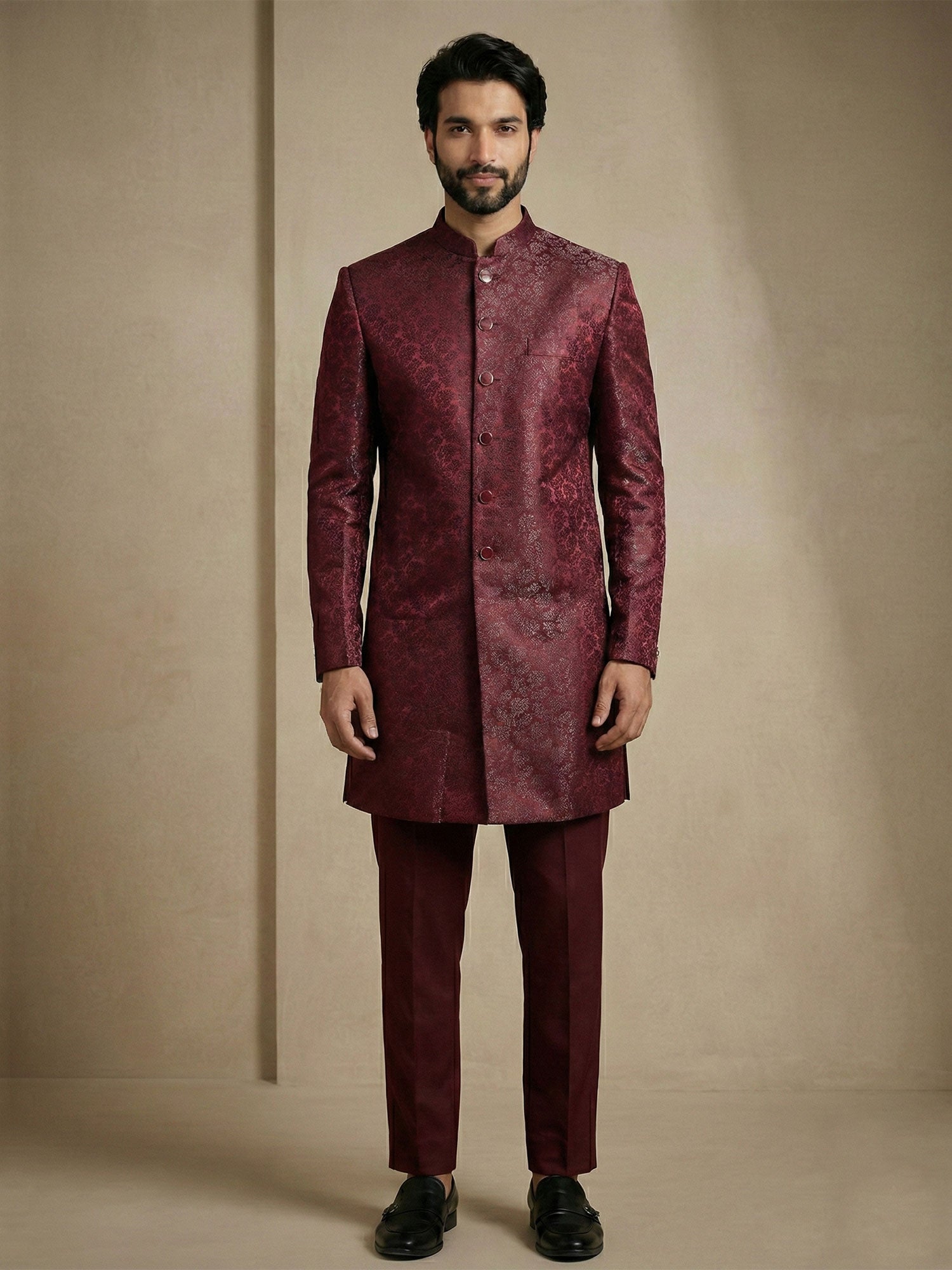 Maroon Floral Work Jacquard Indo Western Set