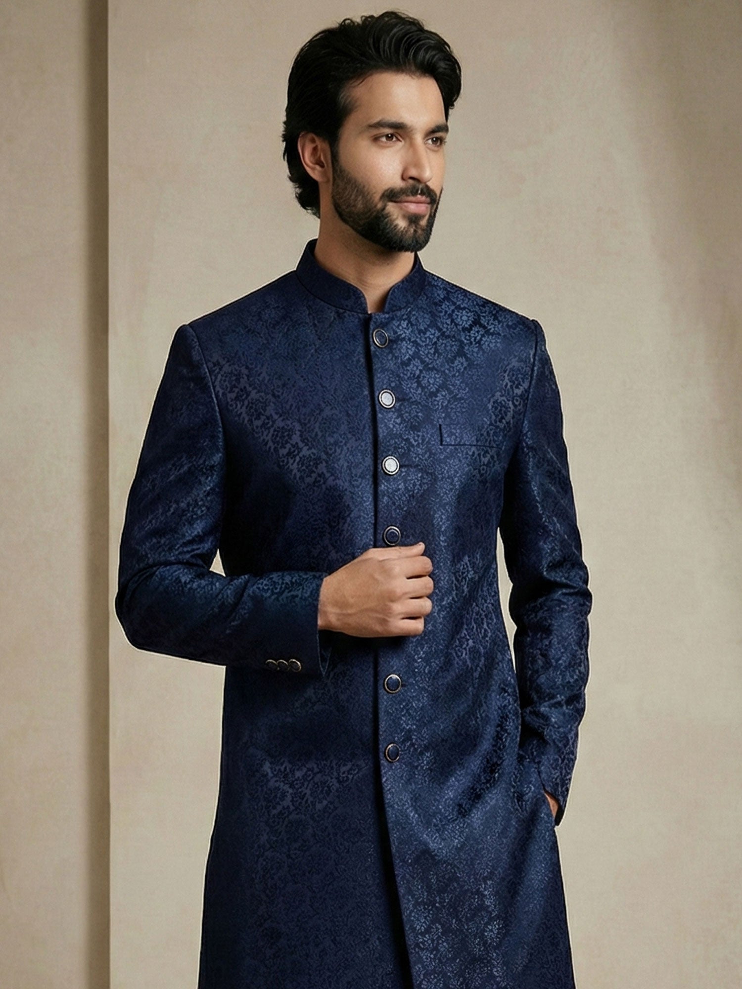 Navy Blue Wedding Indowestern Set In Jacquard