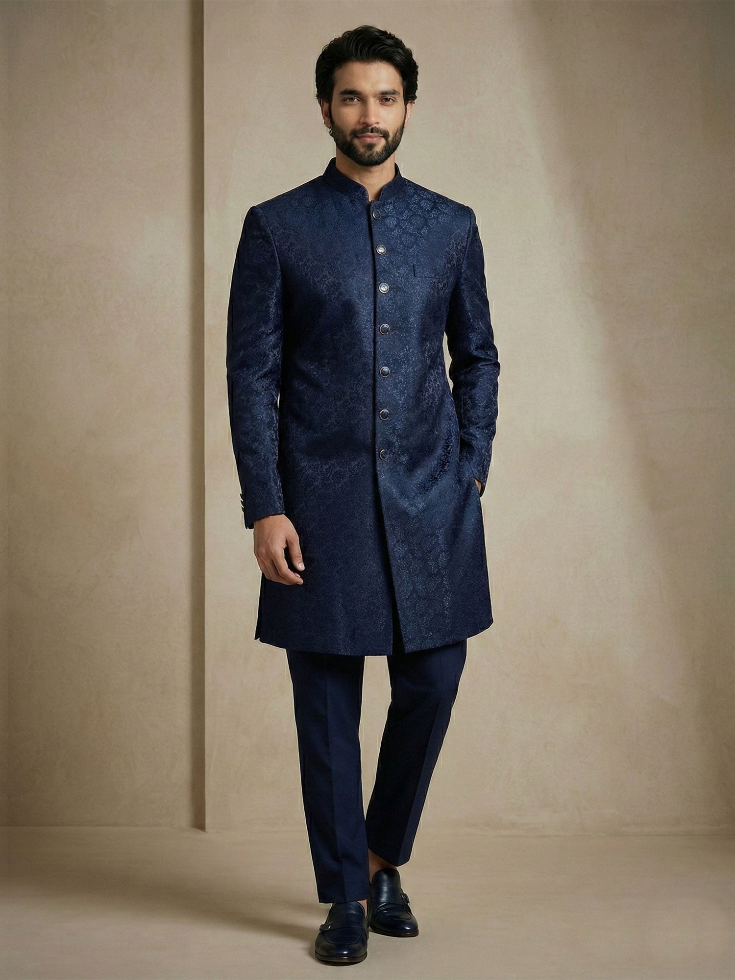 Navy Blue Wedding Indowestern Set In Jacquard