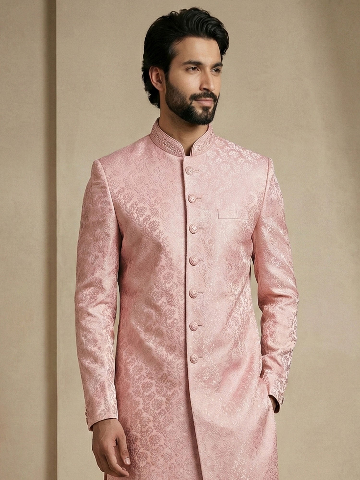 Light Pink Jacquard Indowestern Set For Mens