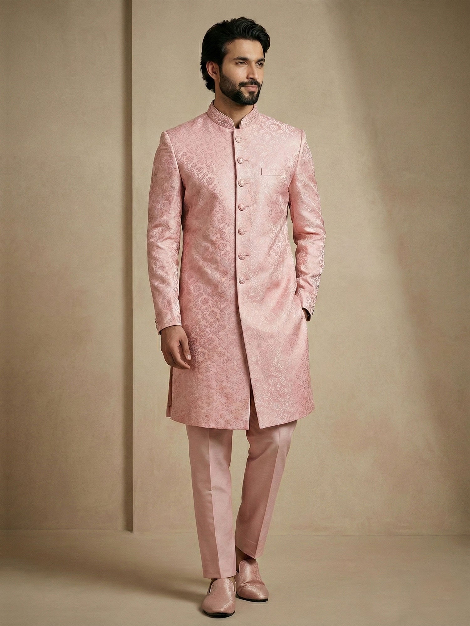Light Pink Jacquard Indowestern Set For Mens