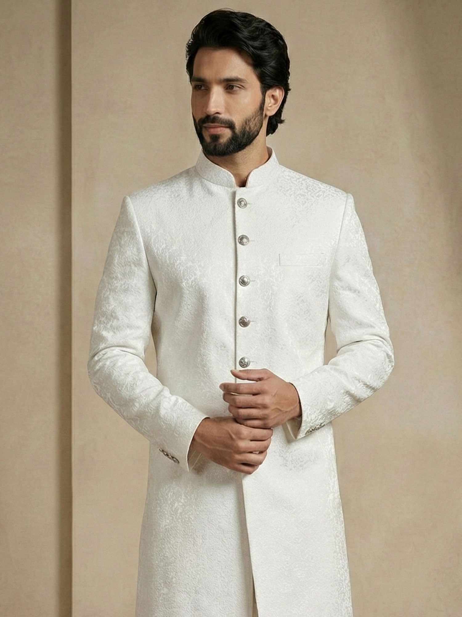White Wedding Indo Western Set For Mens