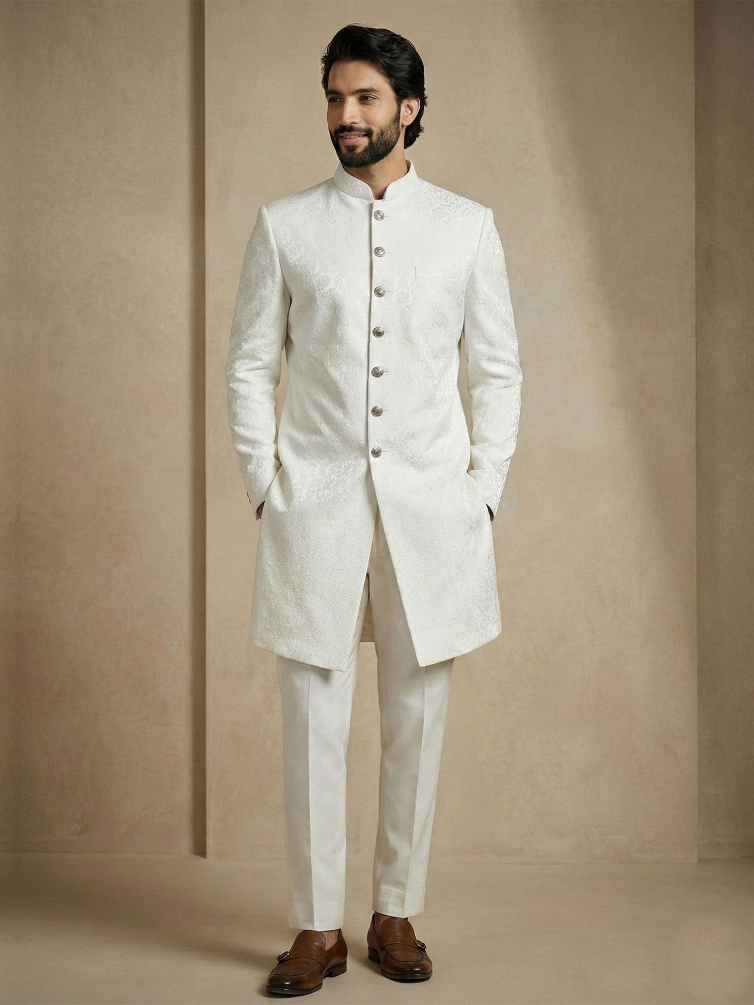 White Wedding Indo Western Set For Mens