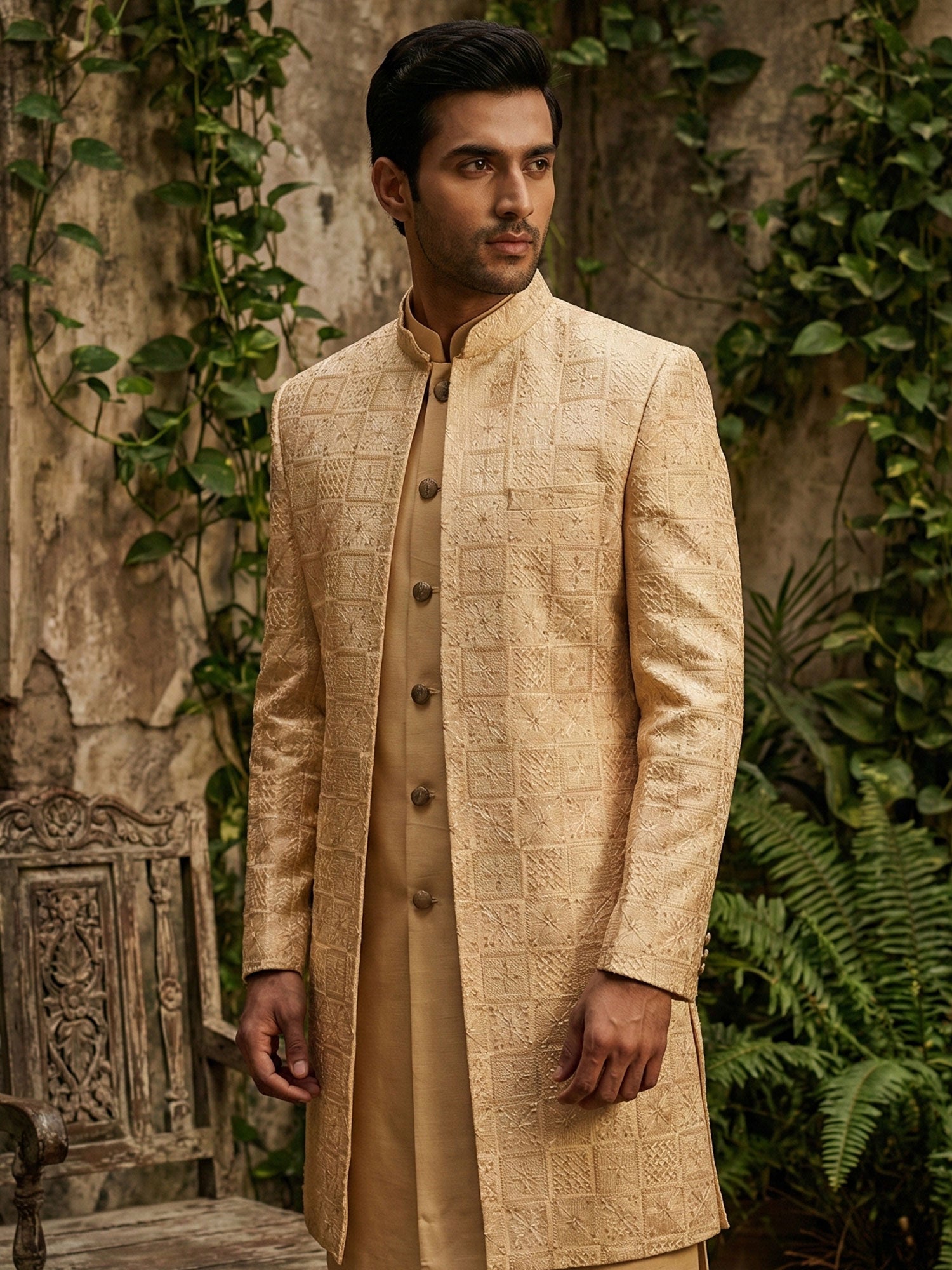 Golden Beige Men's Indowestern With Jacket
