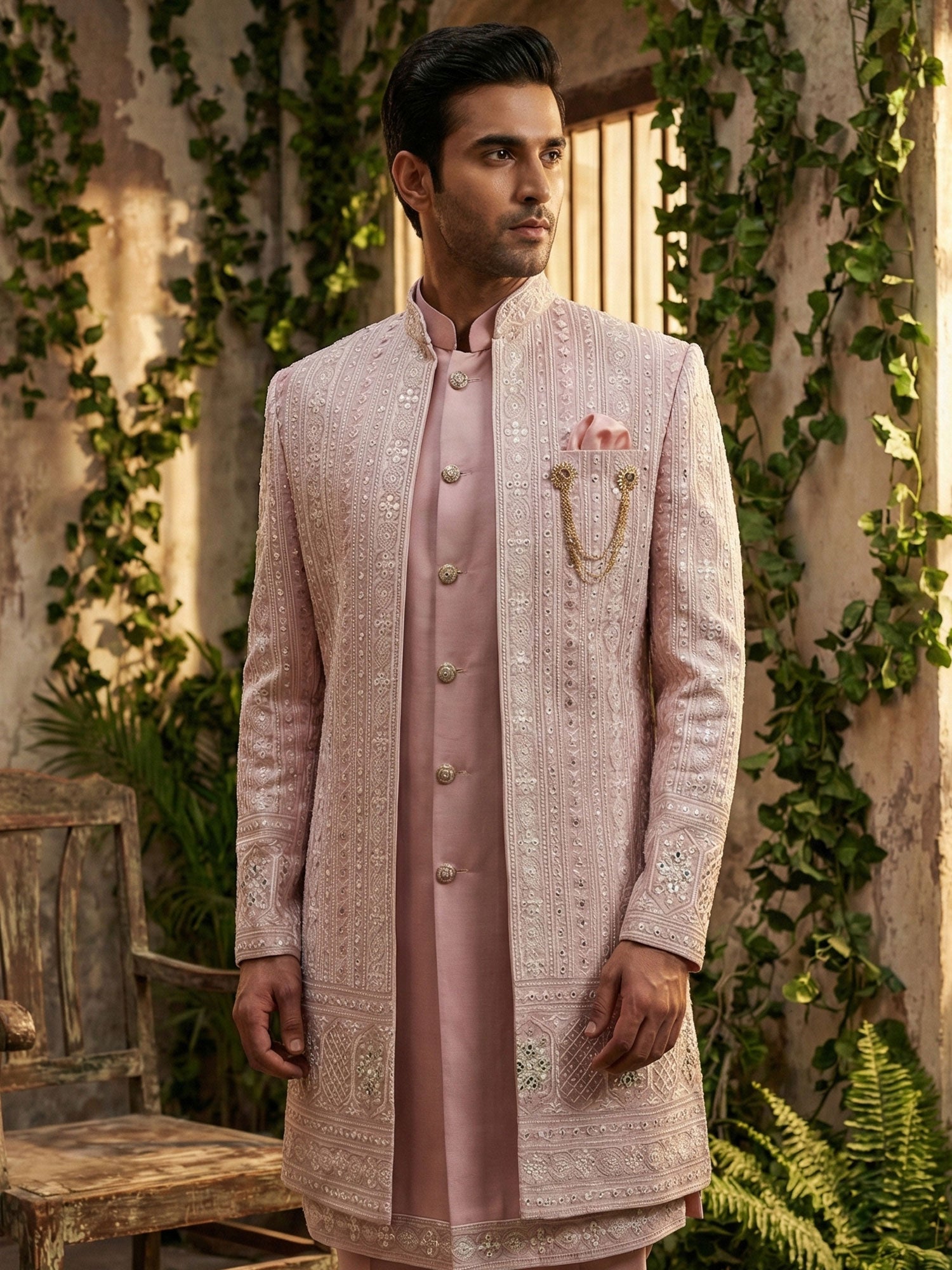 Light Pink Heavy Floral Thread Work Indowestern