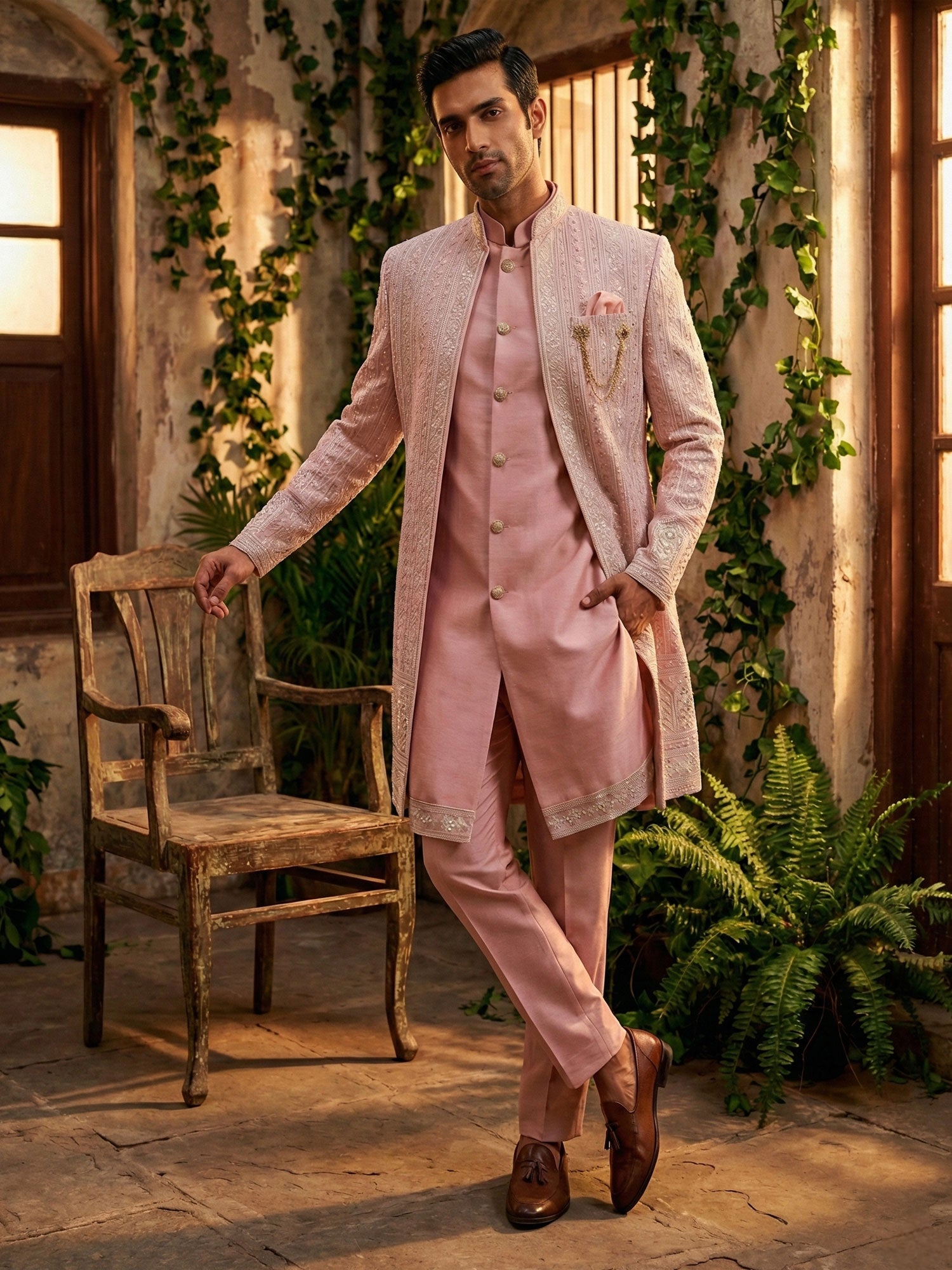 Light Pink Heavy Floral Thread Work Indowestern