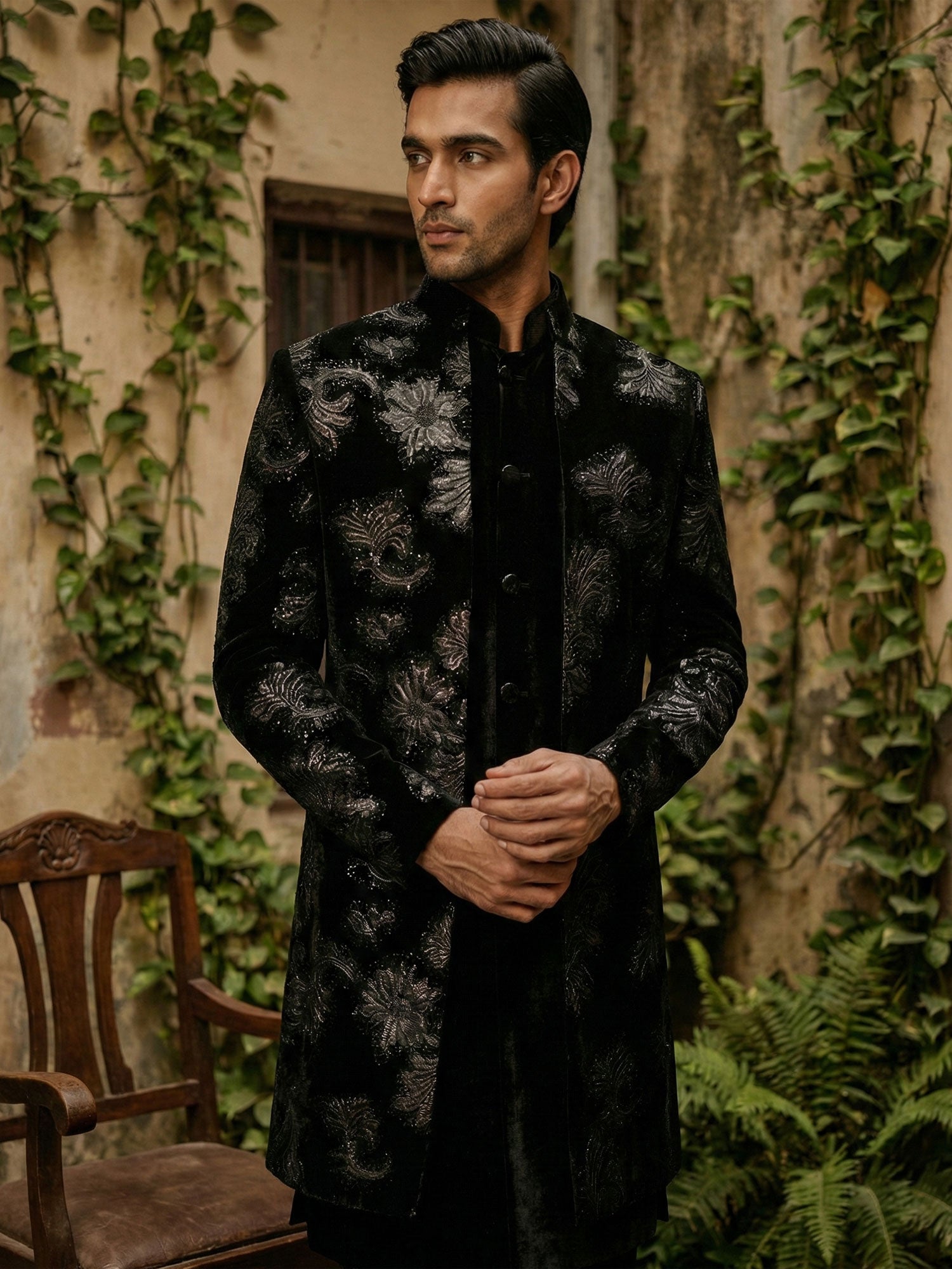 Black Wedding Wear Jacket Style Indowestern Set