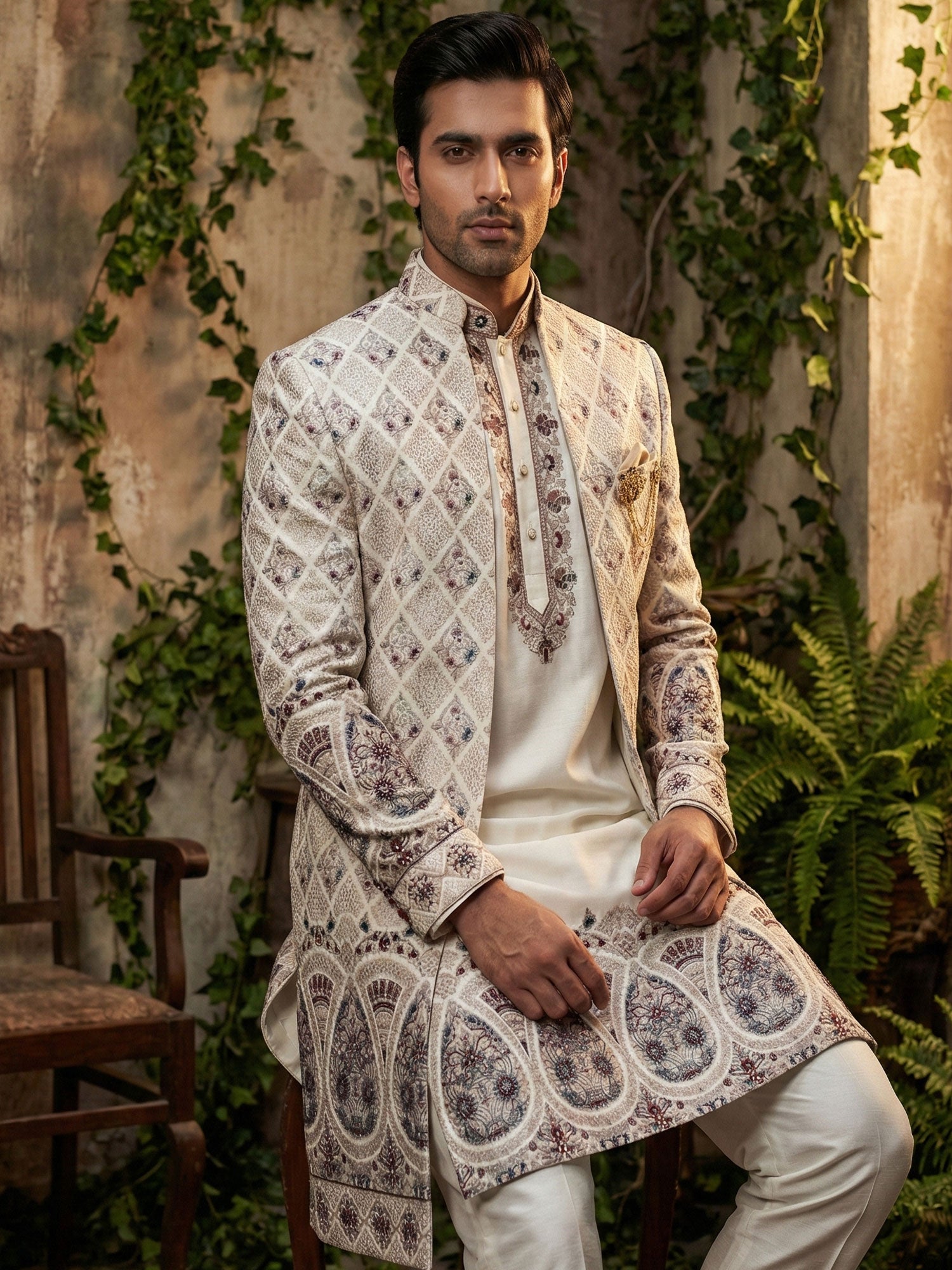 Off White Floral Embellished Indowestern Set