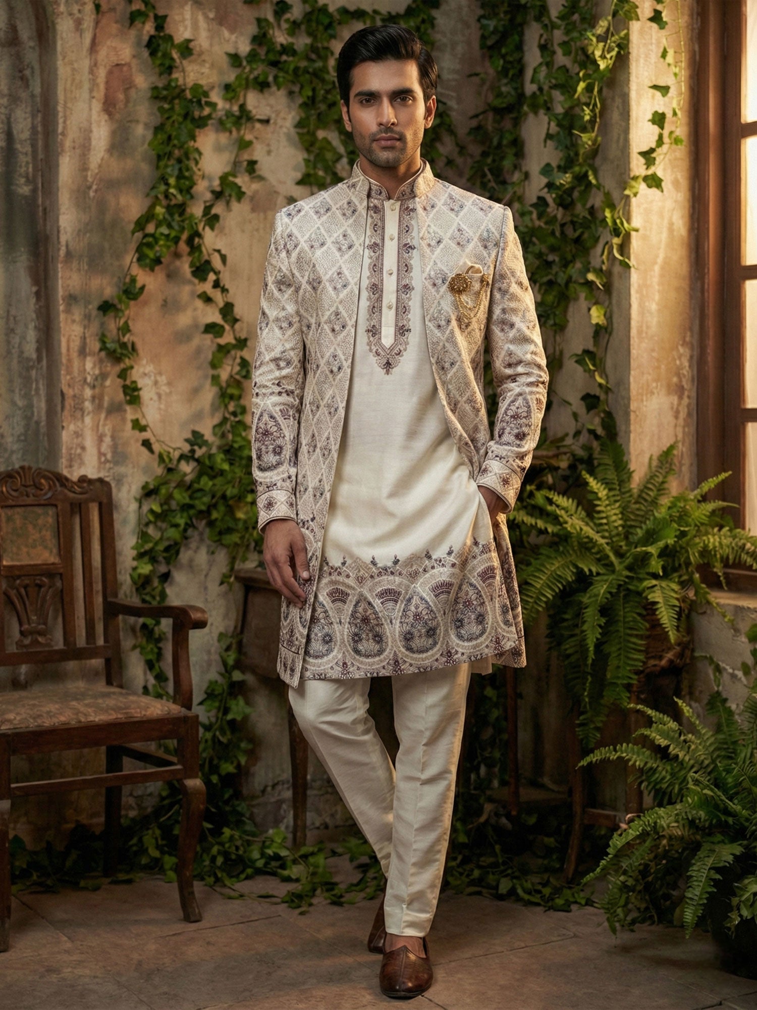 Off White Floral Embellished Indowestern Set