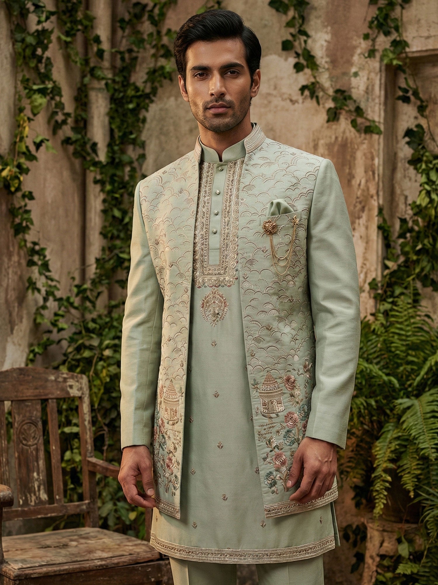 Beige Floral Work Embellished Silk Indowestern