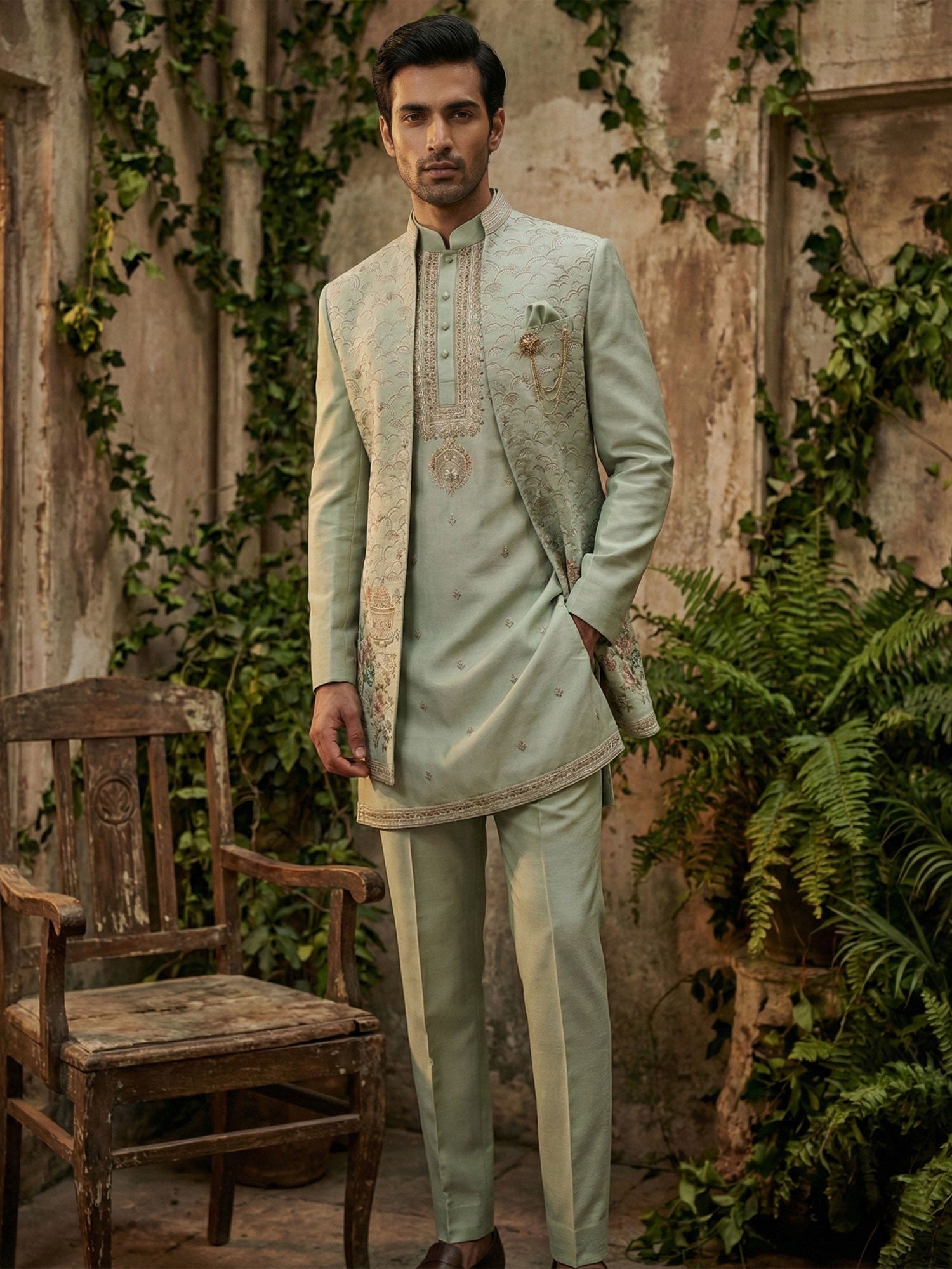 Pista Green Sequins Work Embroidered Indo Wesern