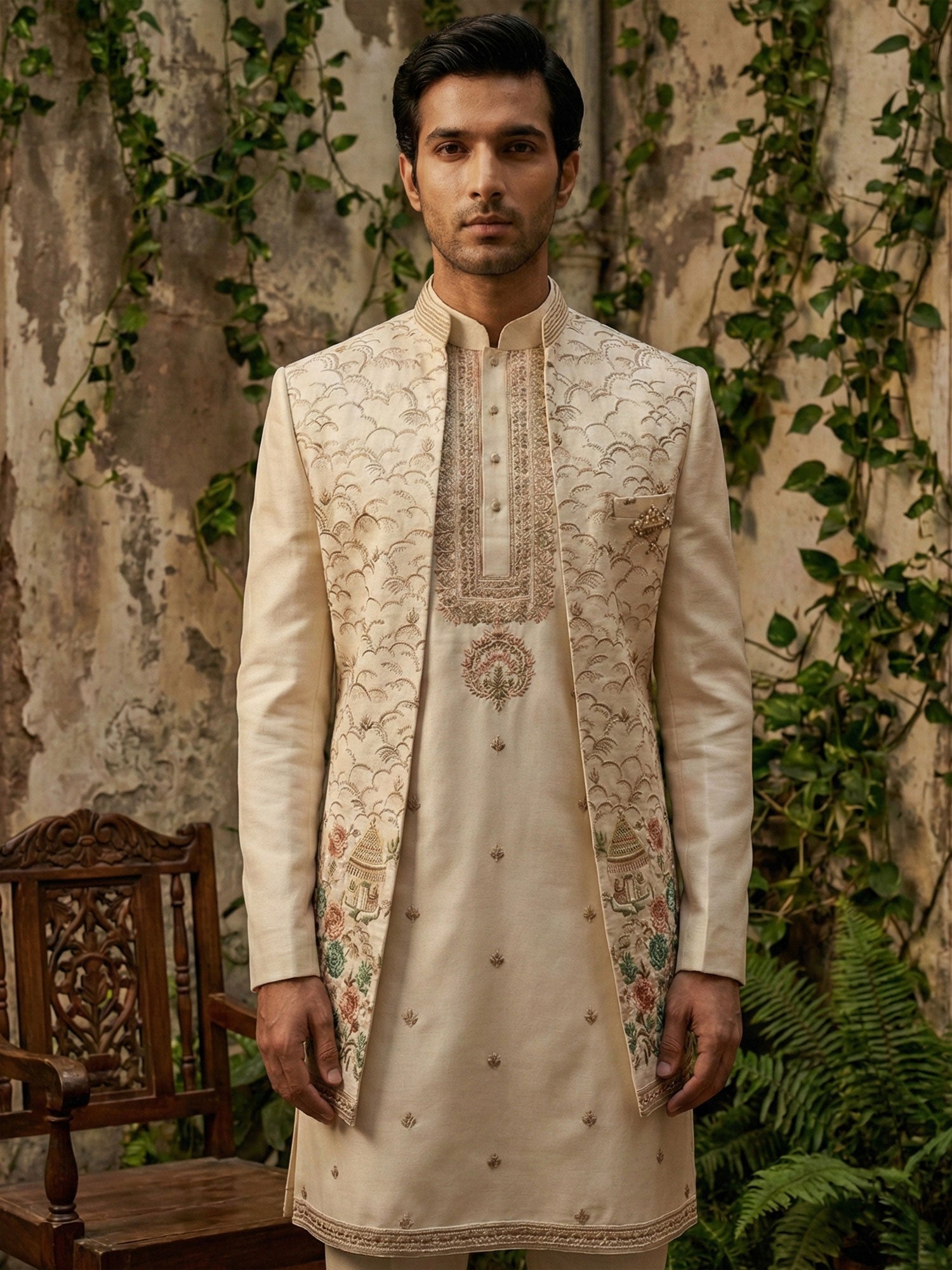 Ivory Cream Silk Indowestern In Floral Embroidery