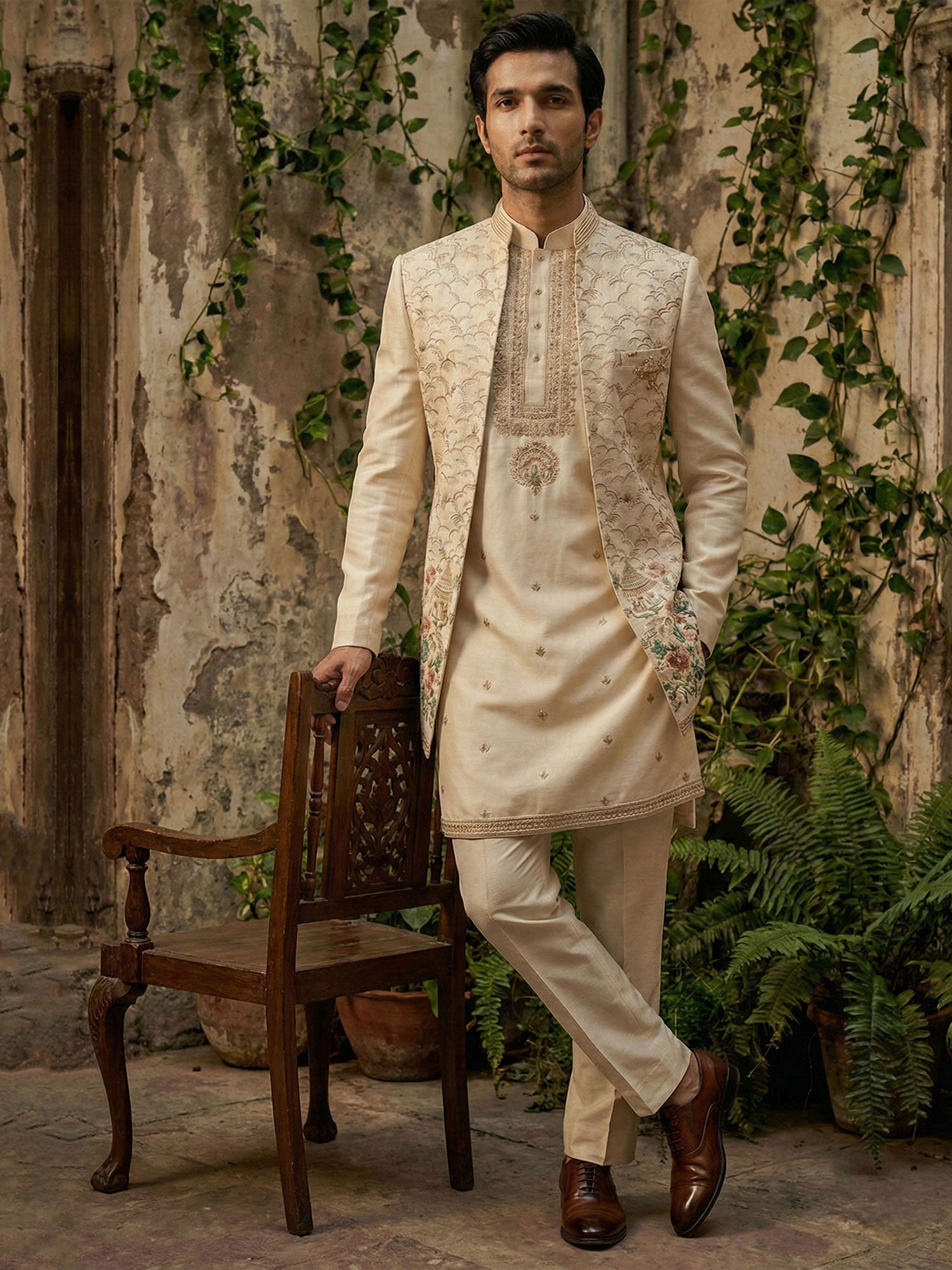 Ivory Cream Silk Indowestern In Floral Embroidery