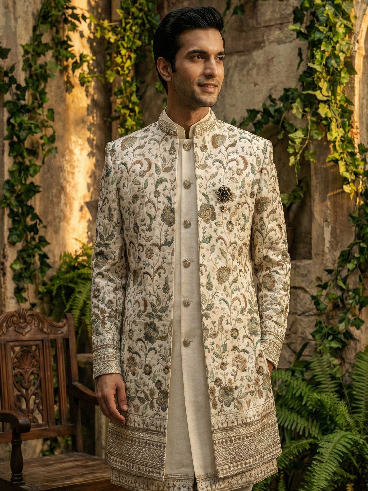 Cream Men's Indo Western With Thread Embellishment