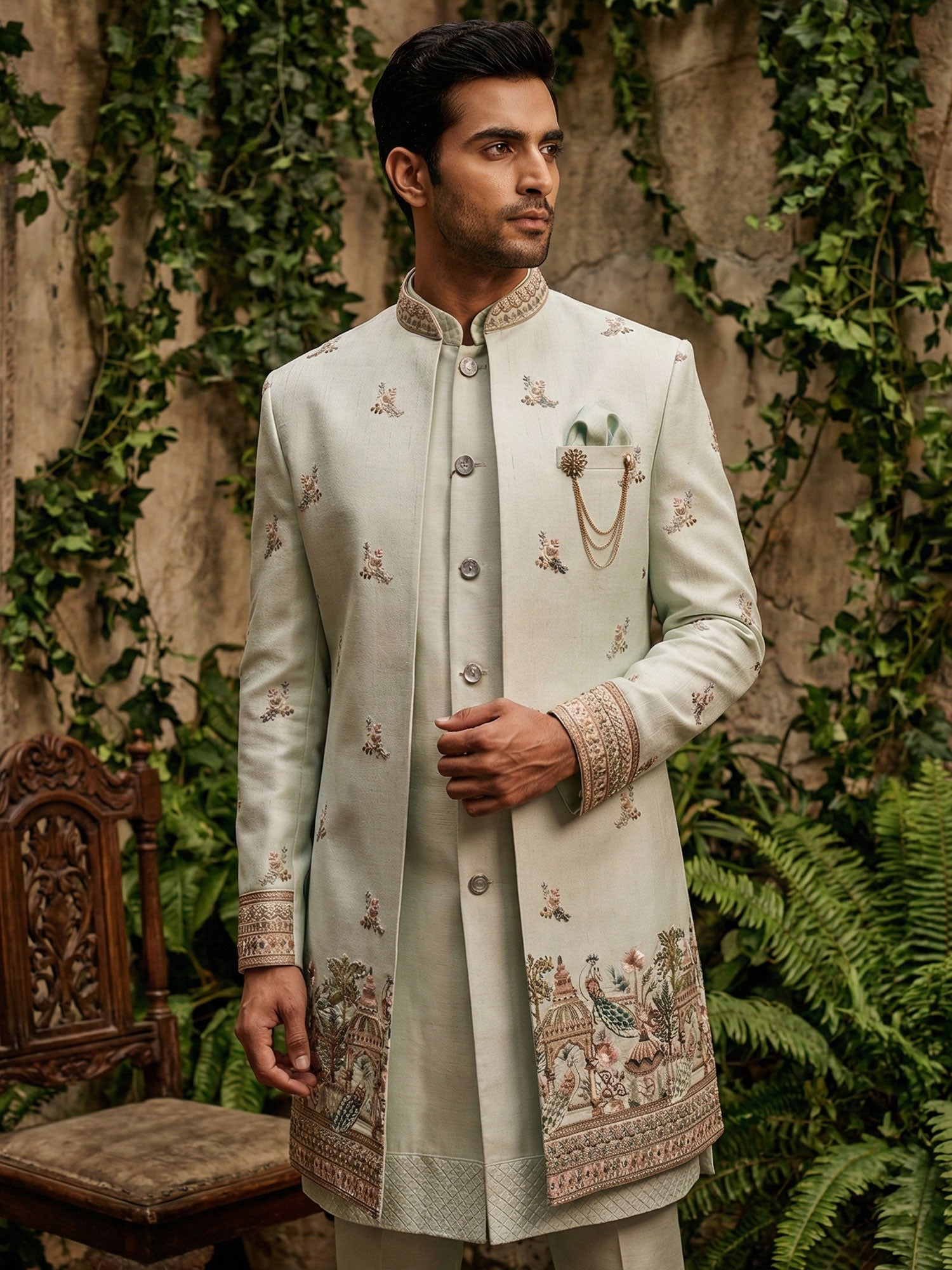 Green Sequins Work Wedding Indowestern With Jacket