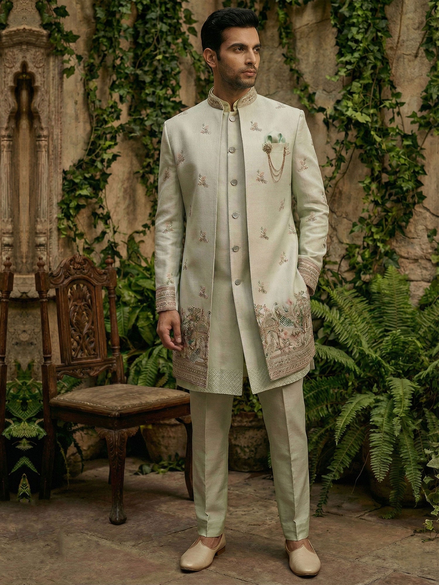 Green Sequins Work Wedding Indowestern With Jacket