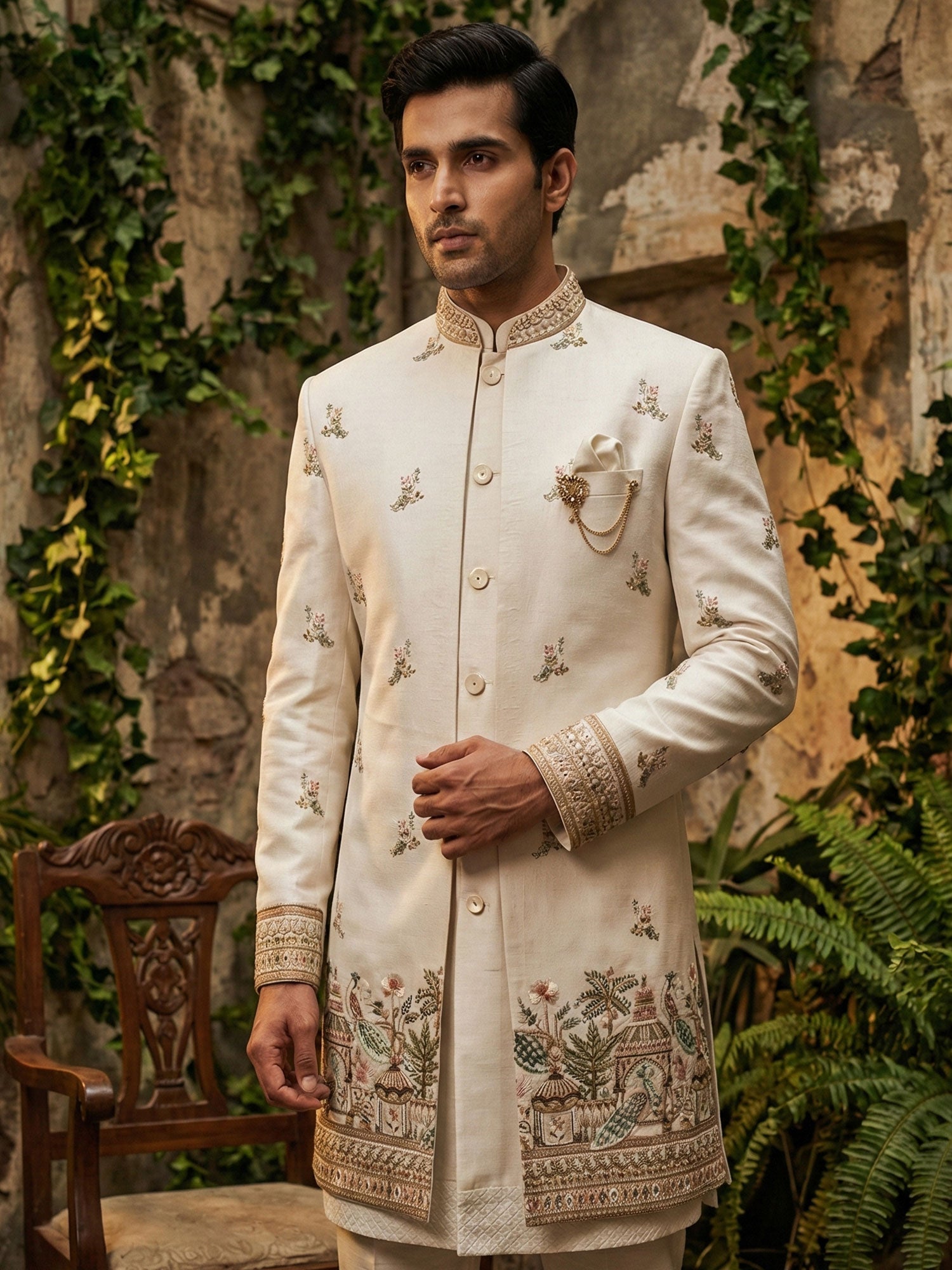 Cream Menswear Indo Western With Embroidered Jacket
