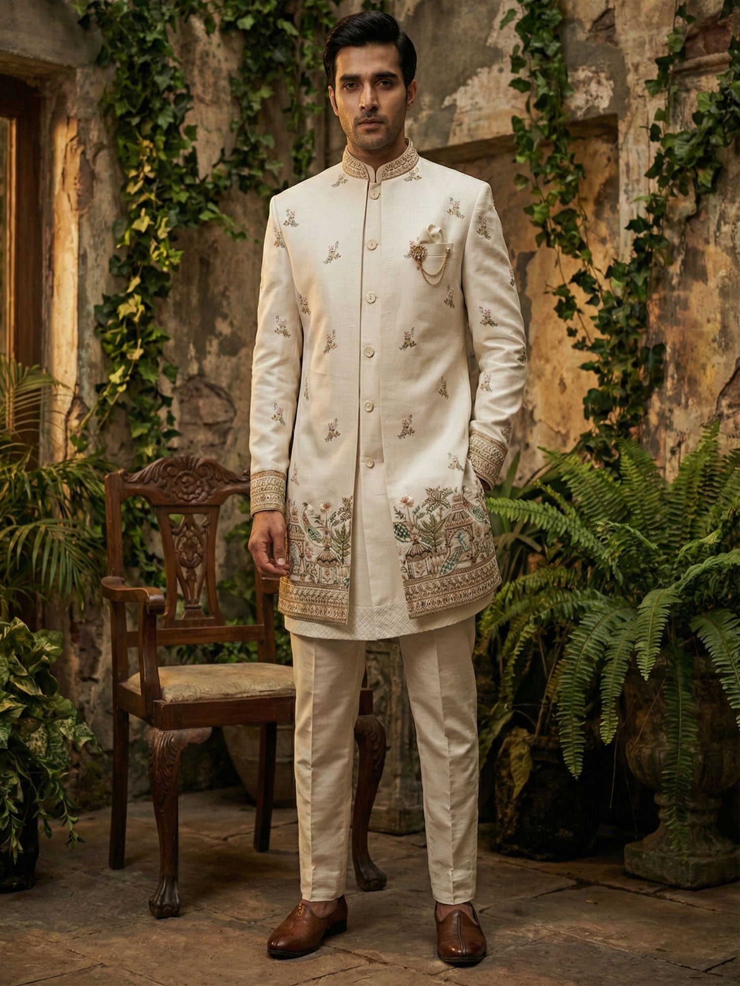 Cream Menswear Indo Western With Embroidered Jacket