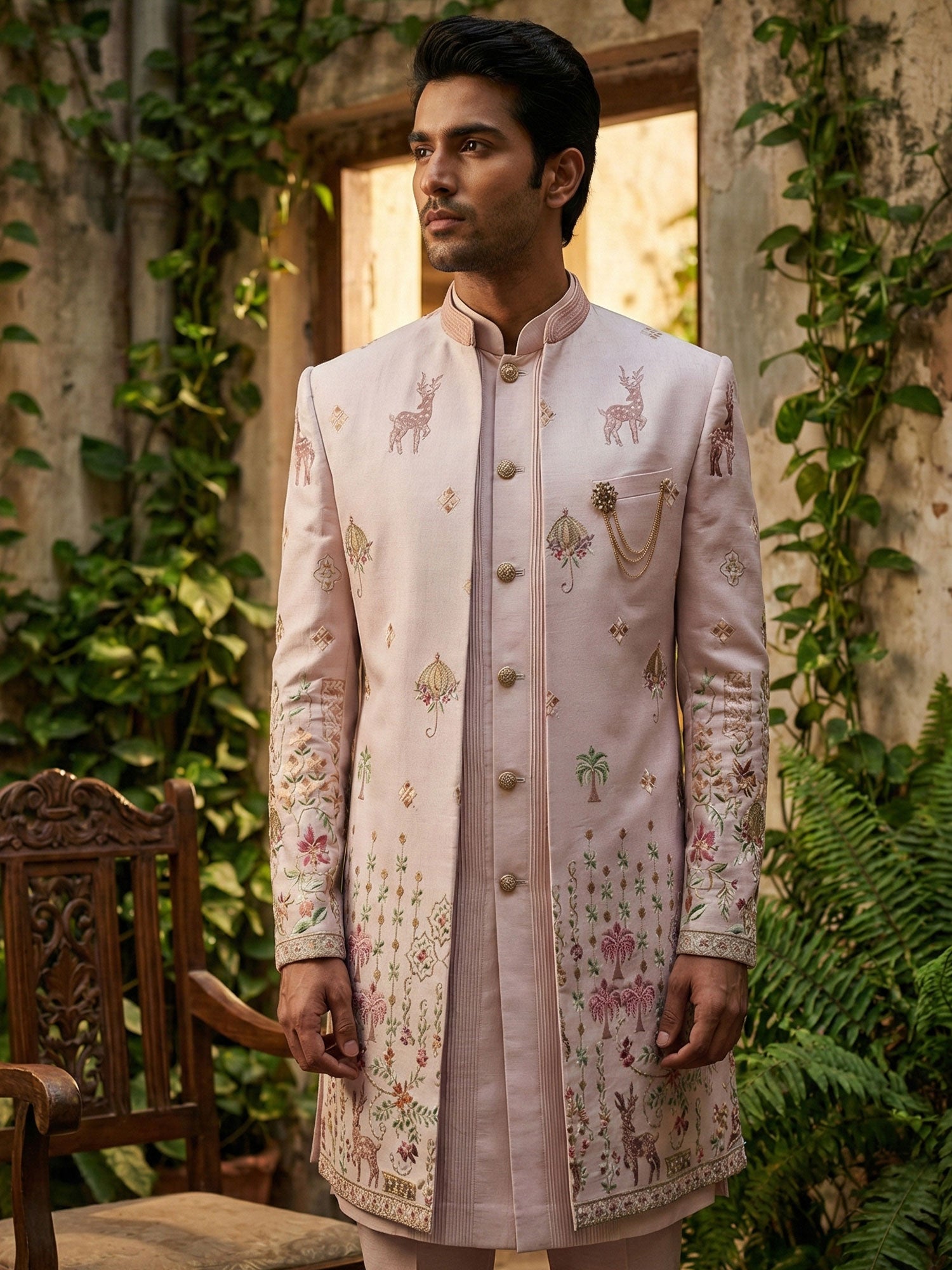 Light Pink Silk Jacket Style Indowestern Set