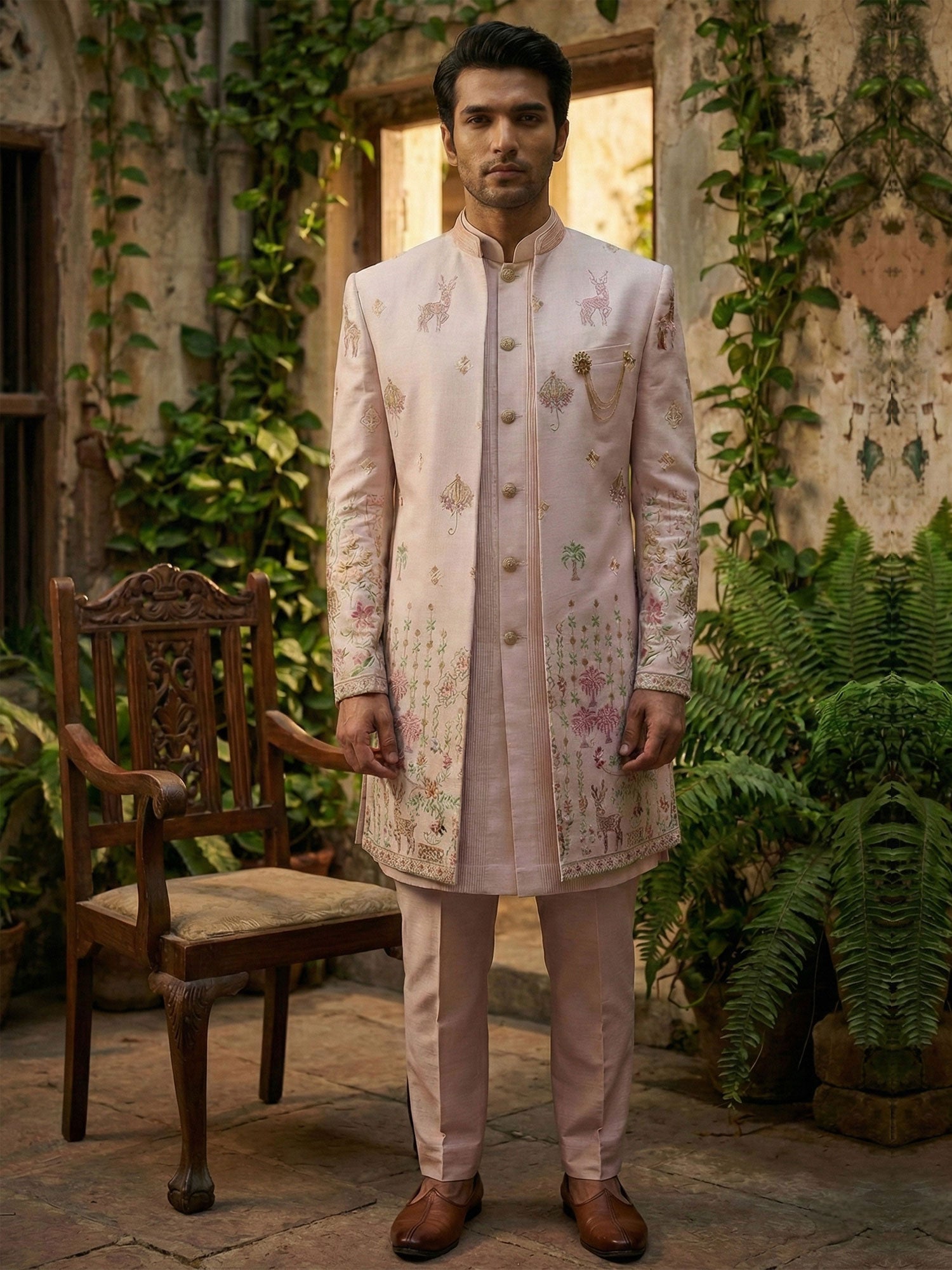 Light Pink Silk Jacket Style Indowestern Set