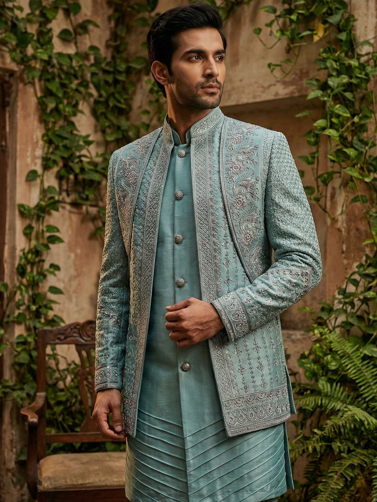 Blue Wedding Indowestern With Layered Style Jacket