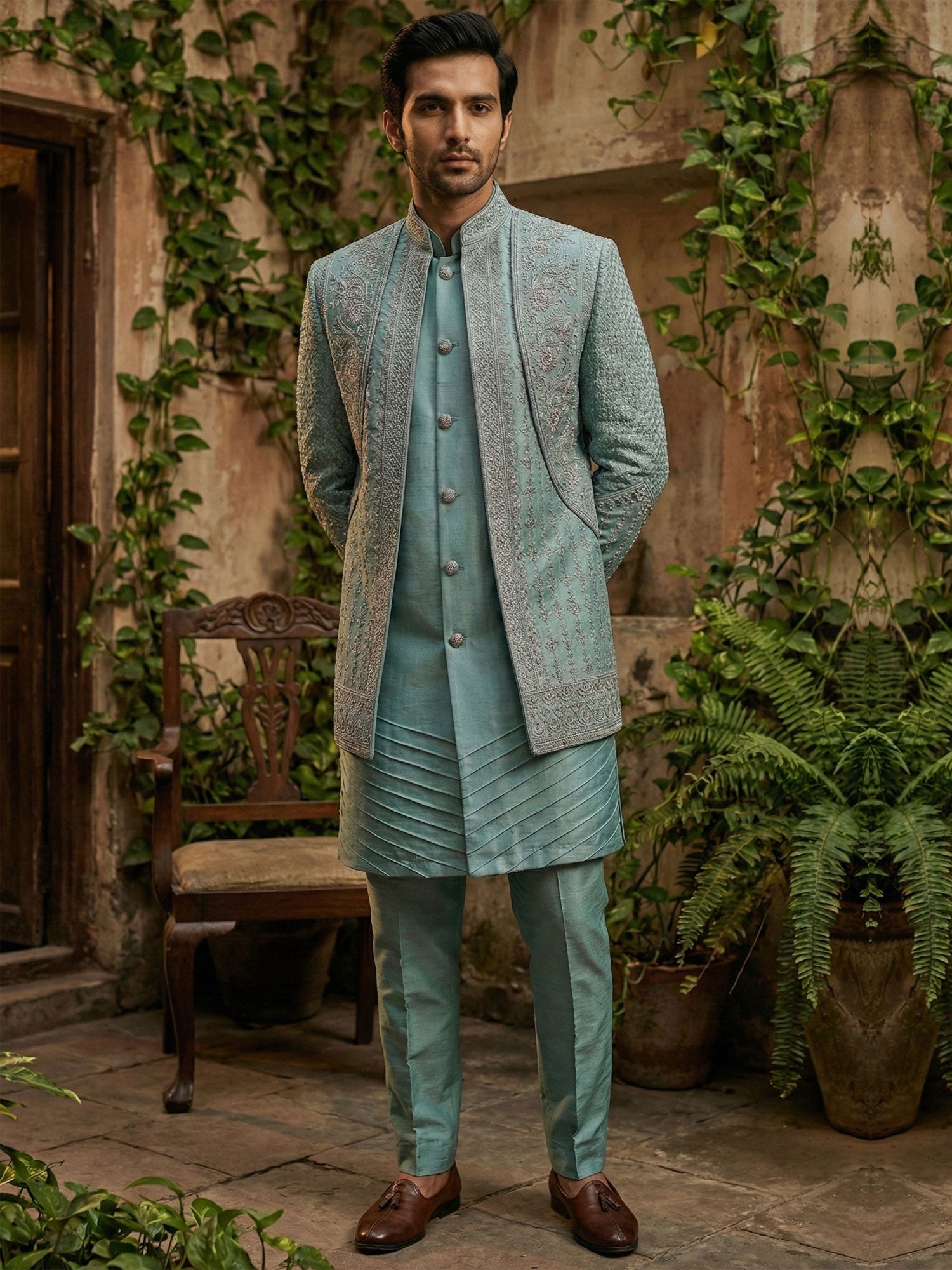 Blue Wedding Indowestern With Layered Style Jacket