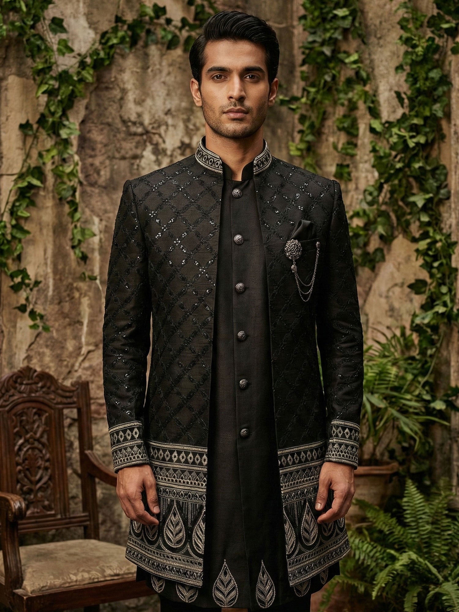 Black Heavy Sequins Enhanced Jacket Style Indowestern