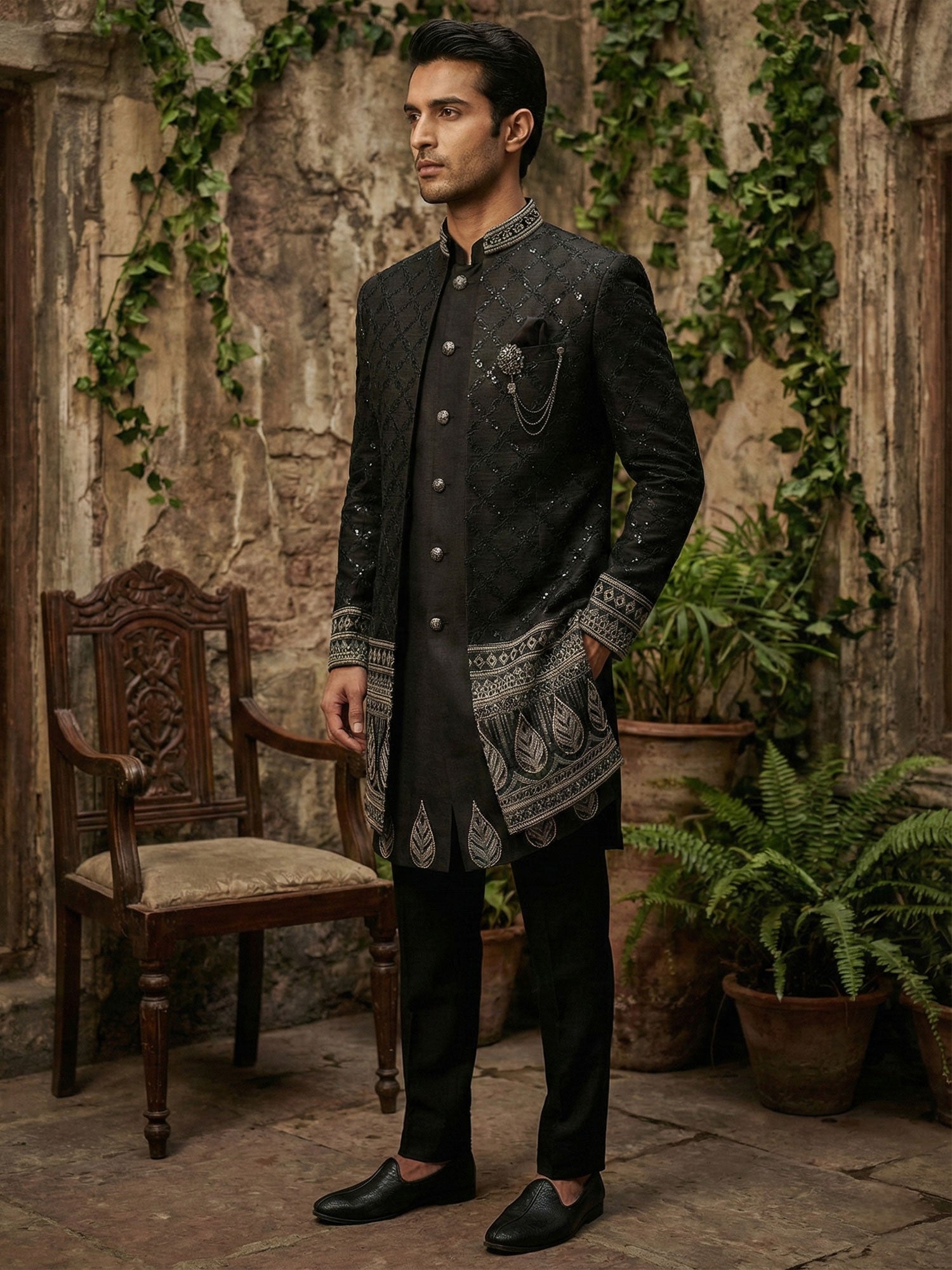 Black Heavy Sequins Enhanced Jacket Style Indowestern