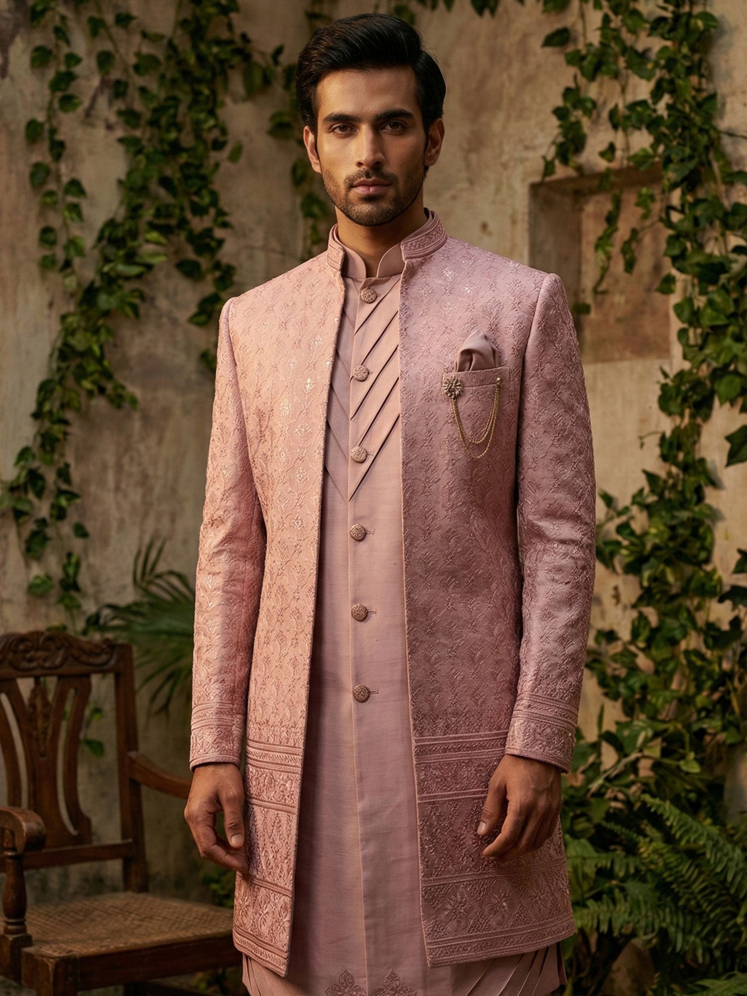 Pink Thread Embellished Wedding Wear Indowestern