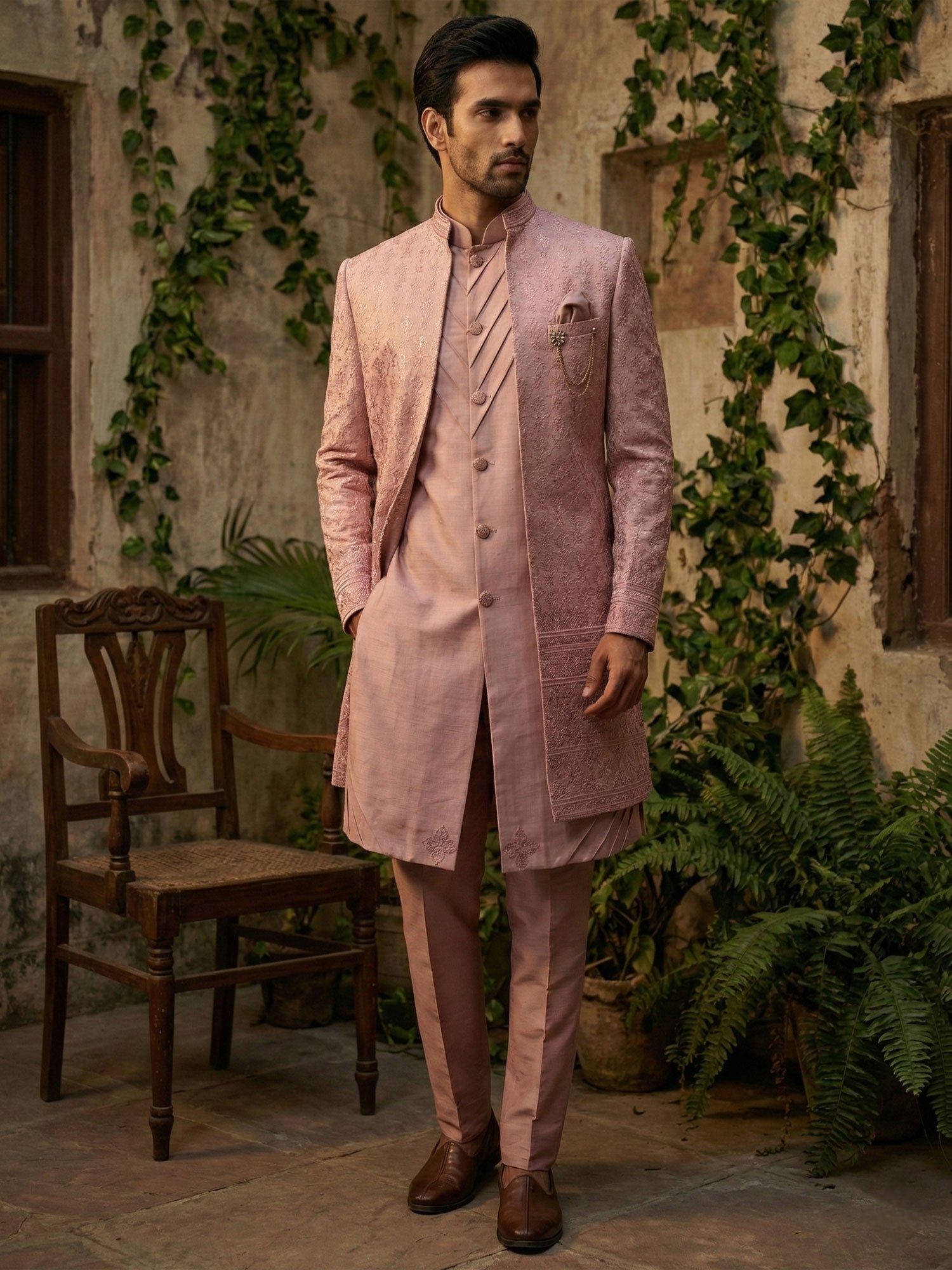 Pink Thread Embellished Wedding Wear Indowestern