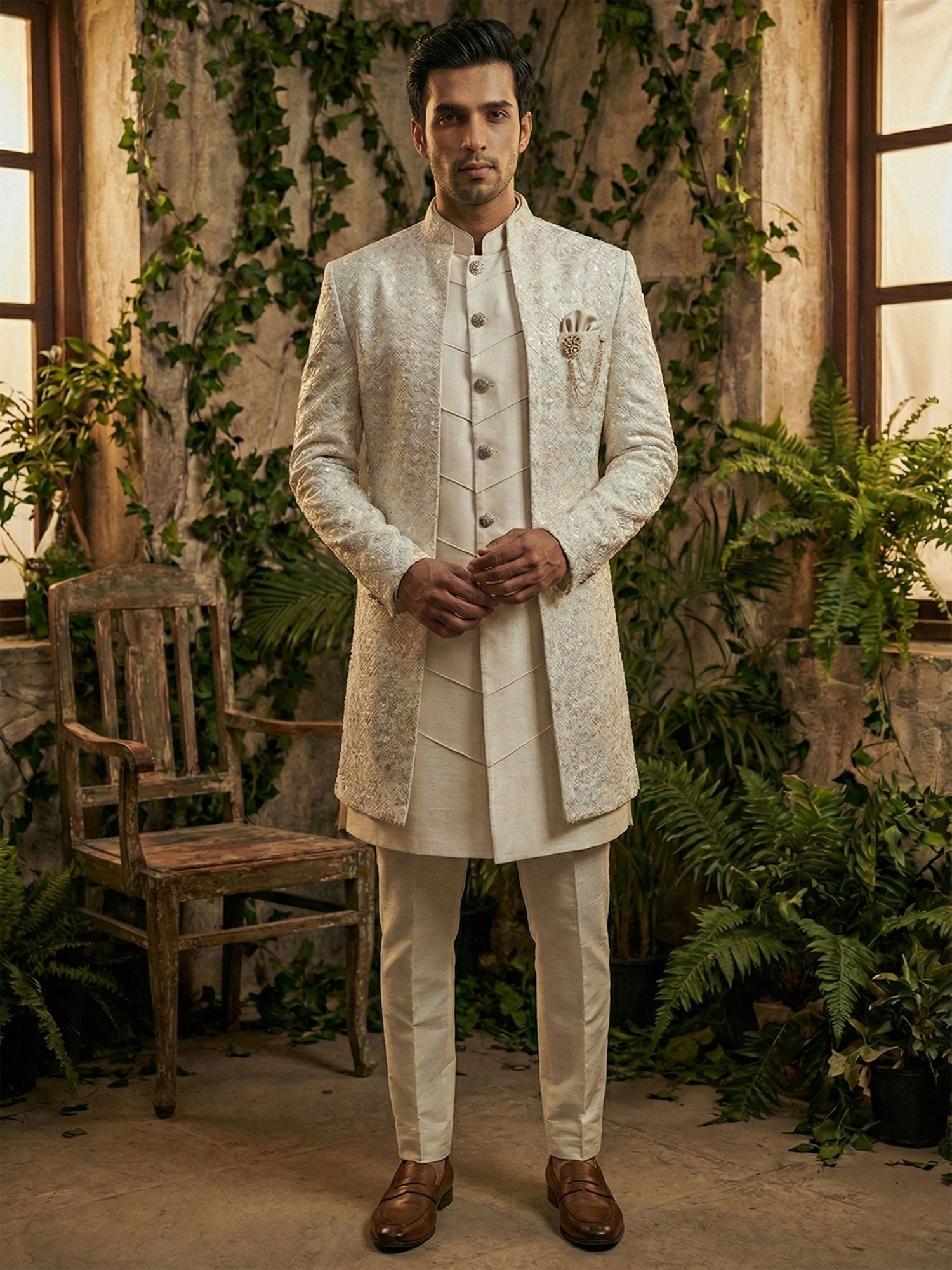 White Men's Indowestern With Front Open Jacket